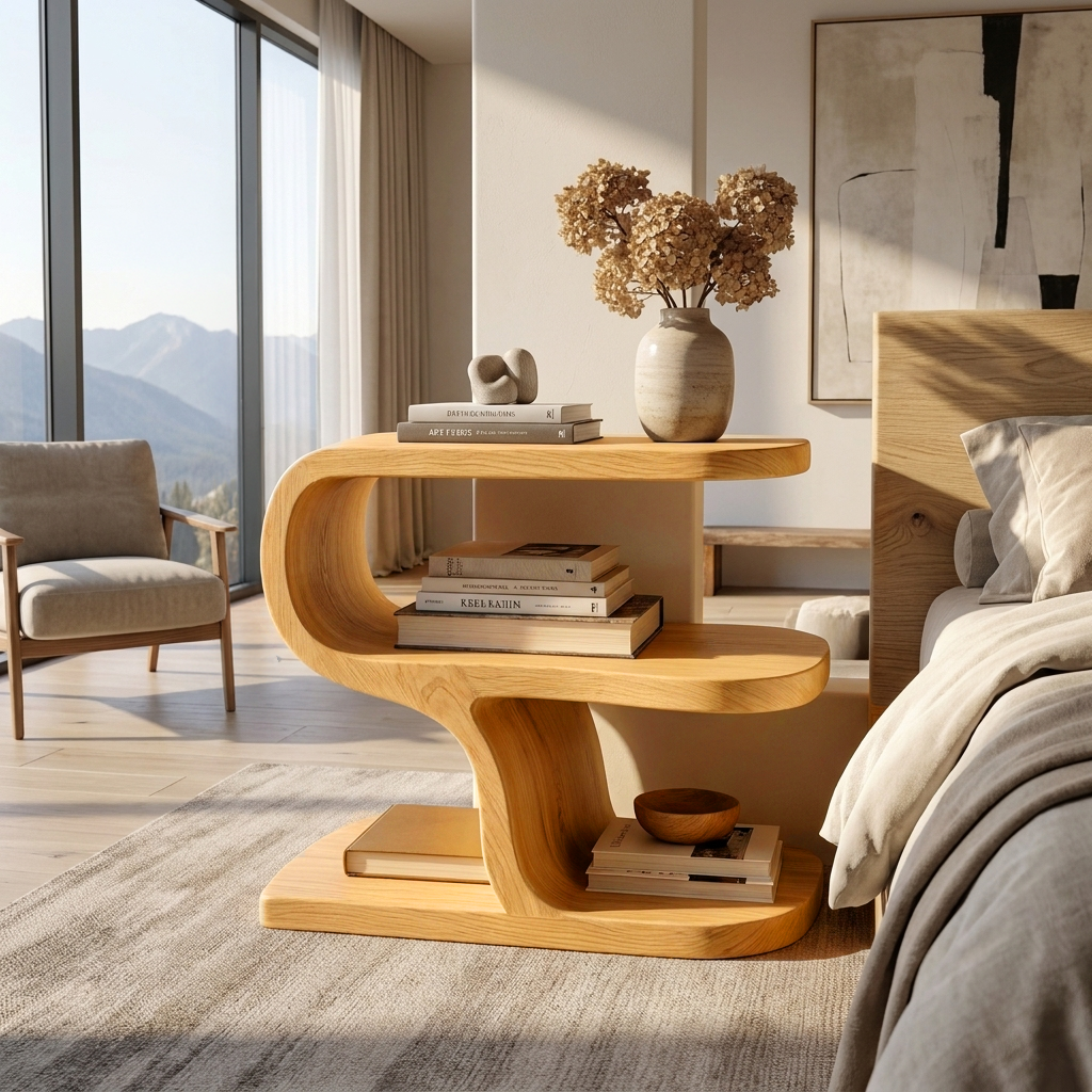 Wooden Nightstand With Sculptural Tier For Cozy Bedroom RTTHTTNS045