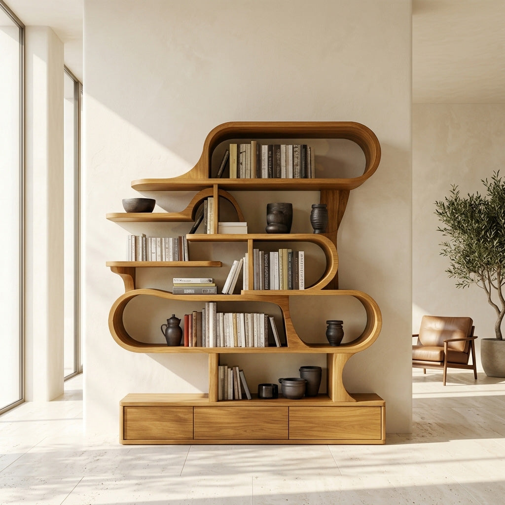 Modern Sculptural Bookshelf With Curved Design For Living Room Or Office SITHHNBS035