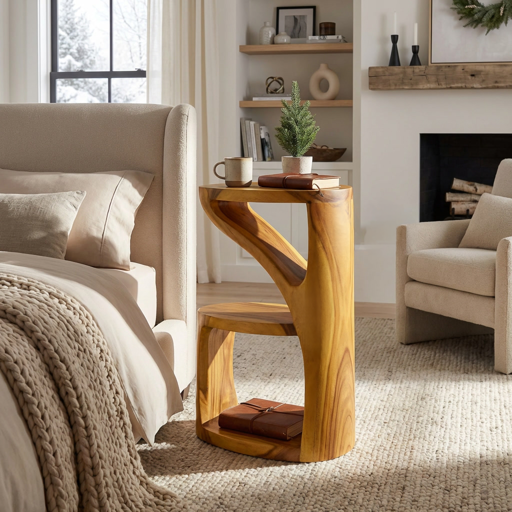 Elegant Wooden Nightstand With Sculptural Two Level For Bedroom RTTHTTNS036