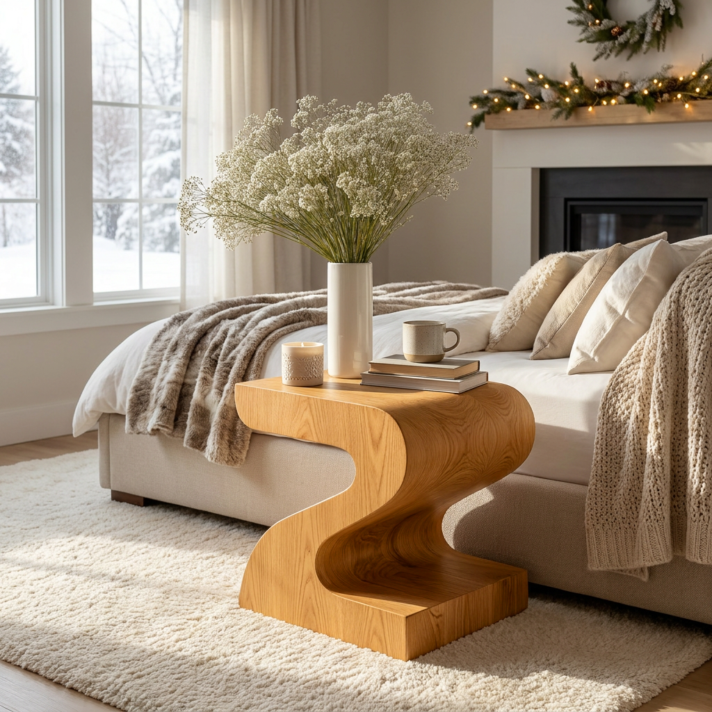 Organic Wooden Nightstand With S-shape For Bedroom Decor RTTHTTNS020