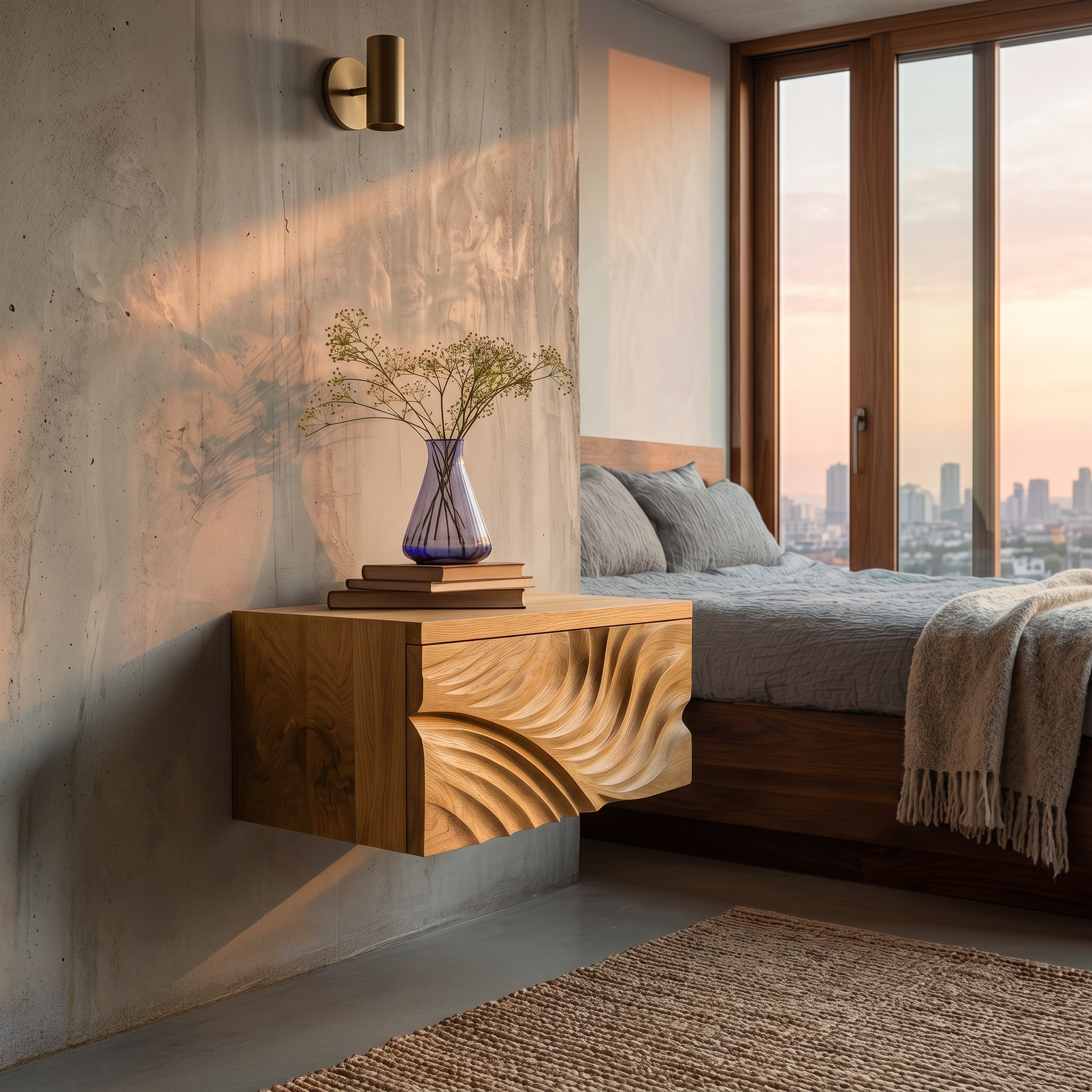 Elegant Wooden Floating Nightstand With Carved Front For Bedroom RTTHTTNS031