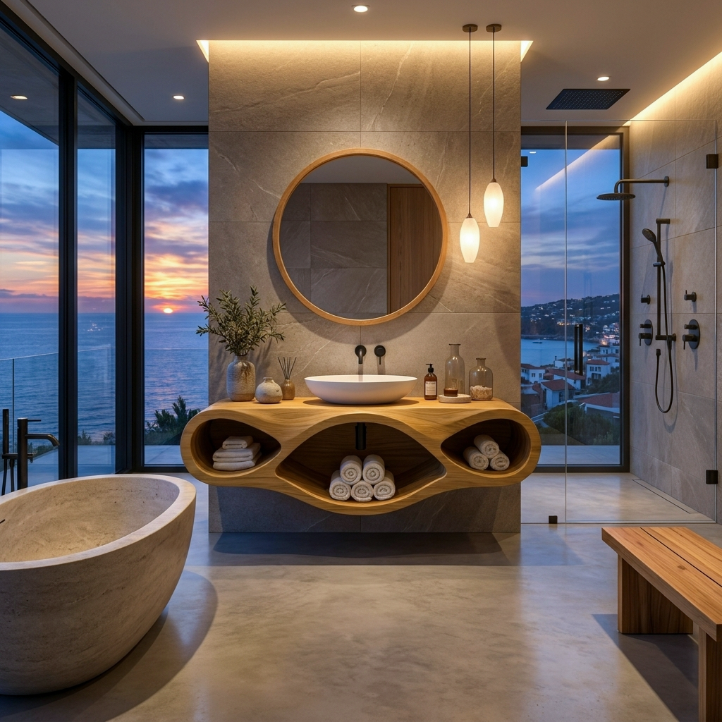 Organic Bathroom Vanity With Oval Open Shelves For Spa Bathroom RTTHTTBRV024