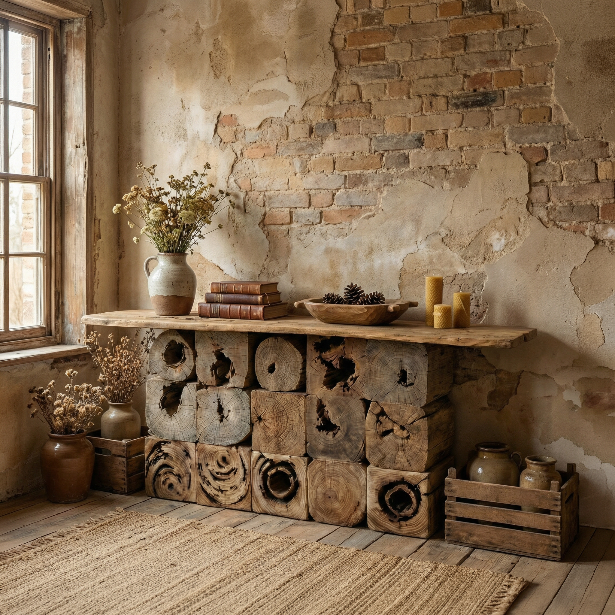 Rustic Natural Wood Log Console Table Solid Wood Entryway Living Room SINLCS520