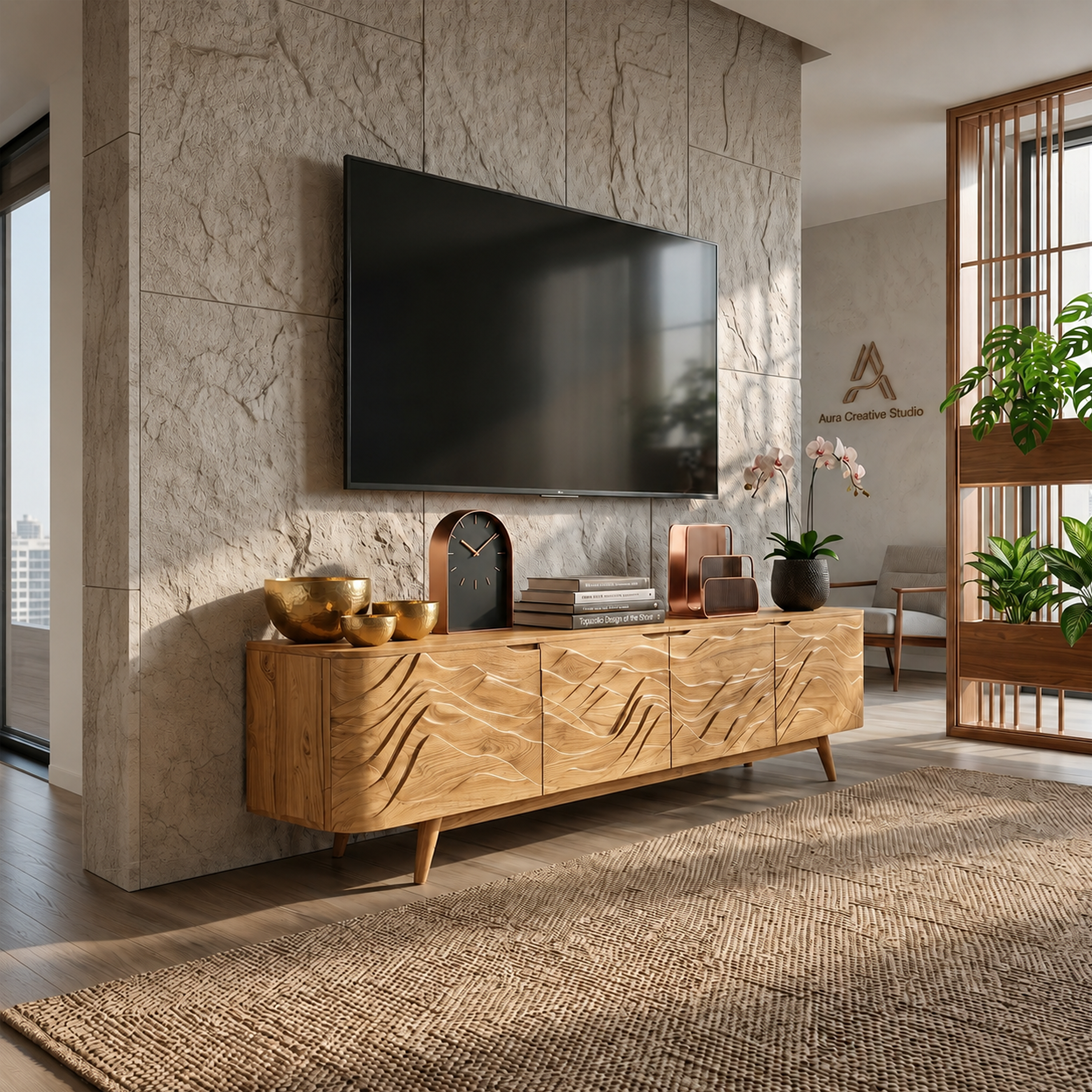 Handcrafted Wave Wood TV Stand For Media Room SILDTTRTVC074