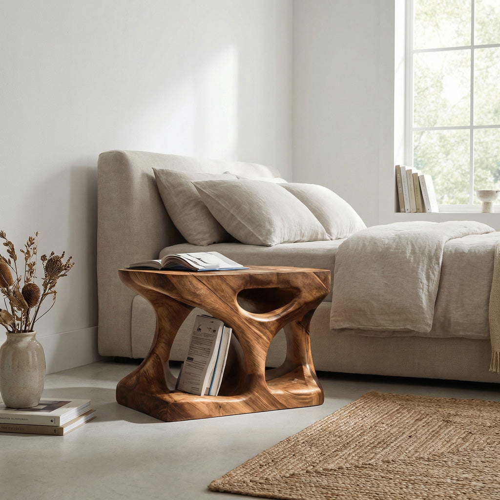 Scandinavian Wooden Side Table With Minimal Curves And Open Shelf For Living Room RTTHHNSTA016