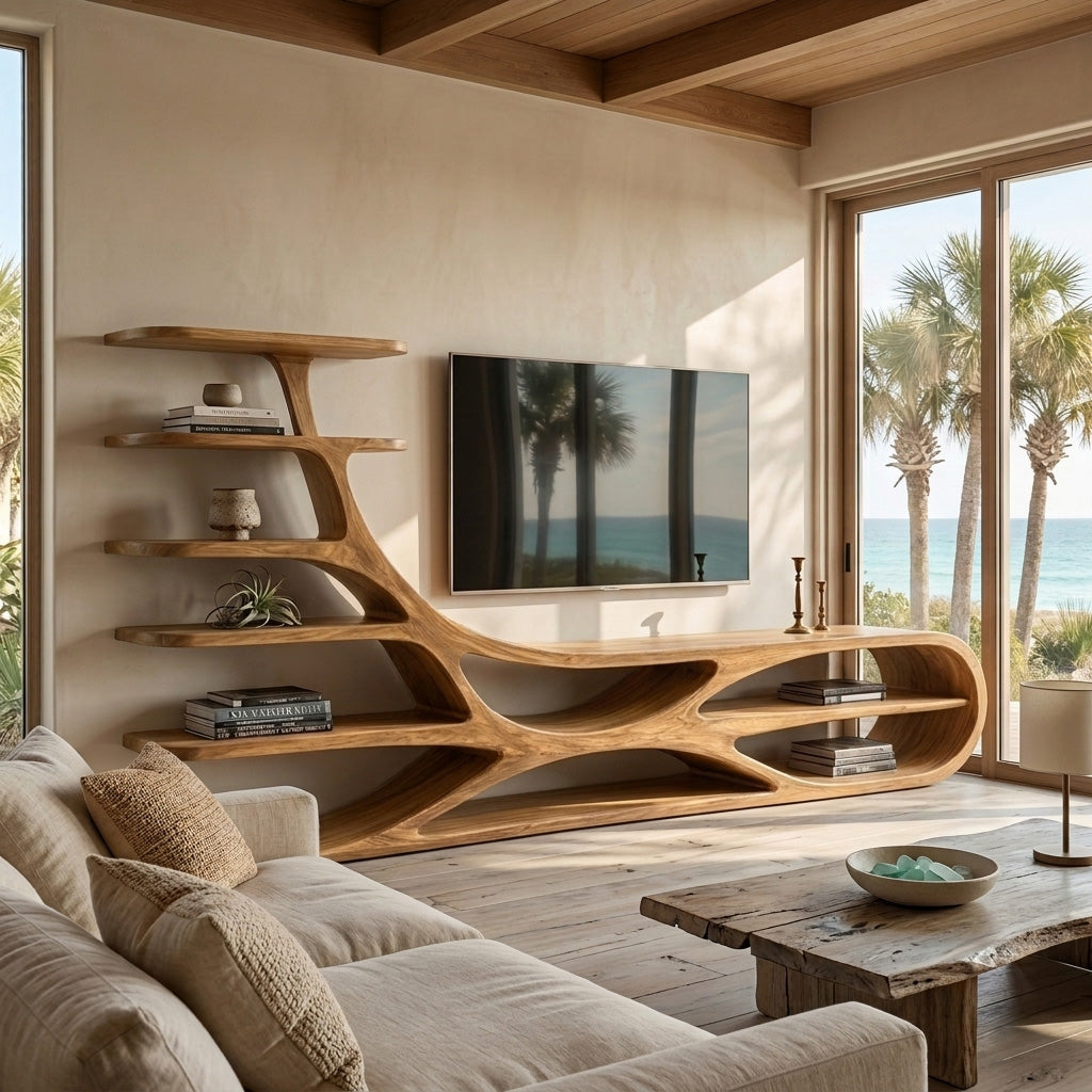 Organic Natural Wood TV Stand With Floating Shelves For Home RTTHHNTVC096