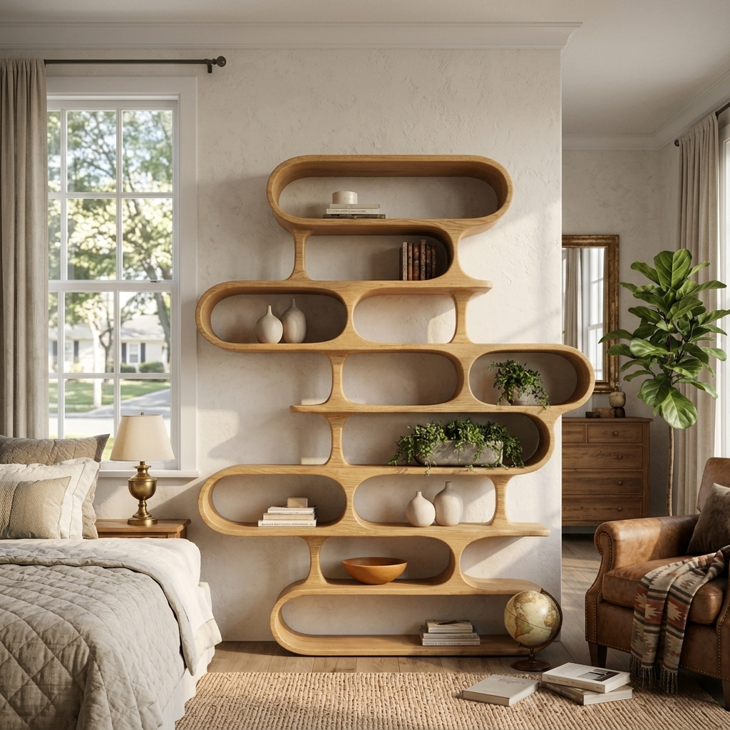 Organic Sculptural Wood Bookshelf With Curved Form For Living Room Or Office SITHTTBS022