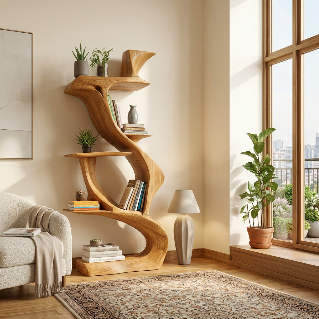 Sculptural Natural Wood Bookshelf For Living Room RTTHHNBS167