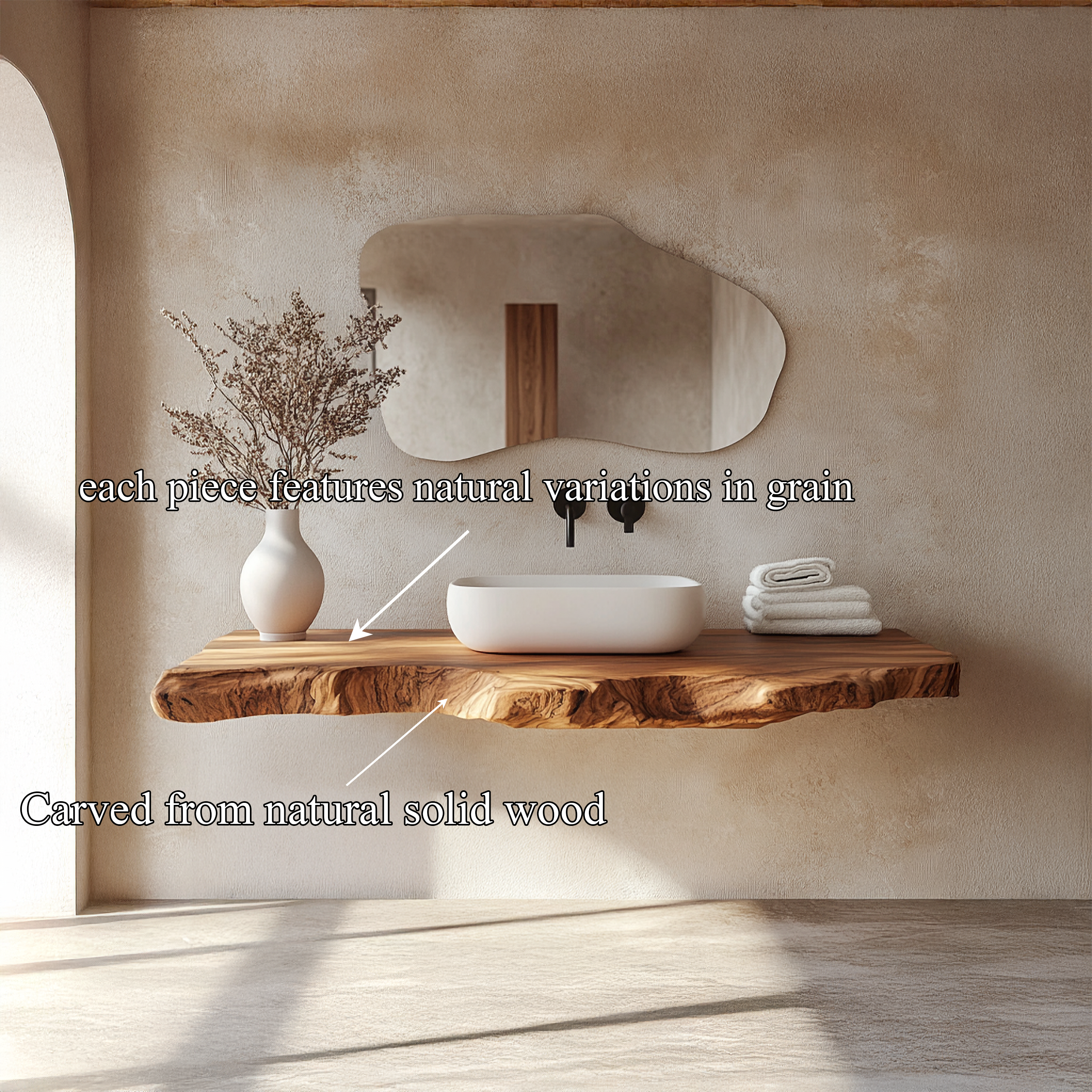 Contemporary Spa Bathroom Vanity Floating Live Edge Wood Counter SINLSABRV263