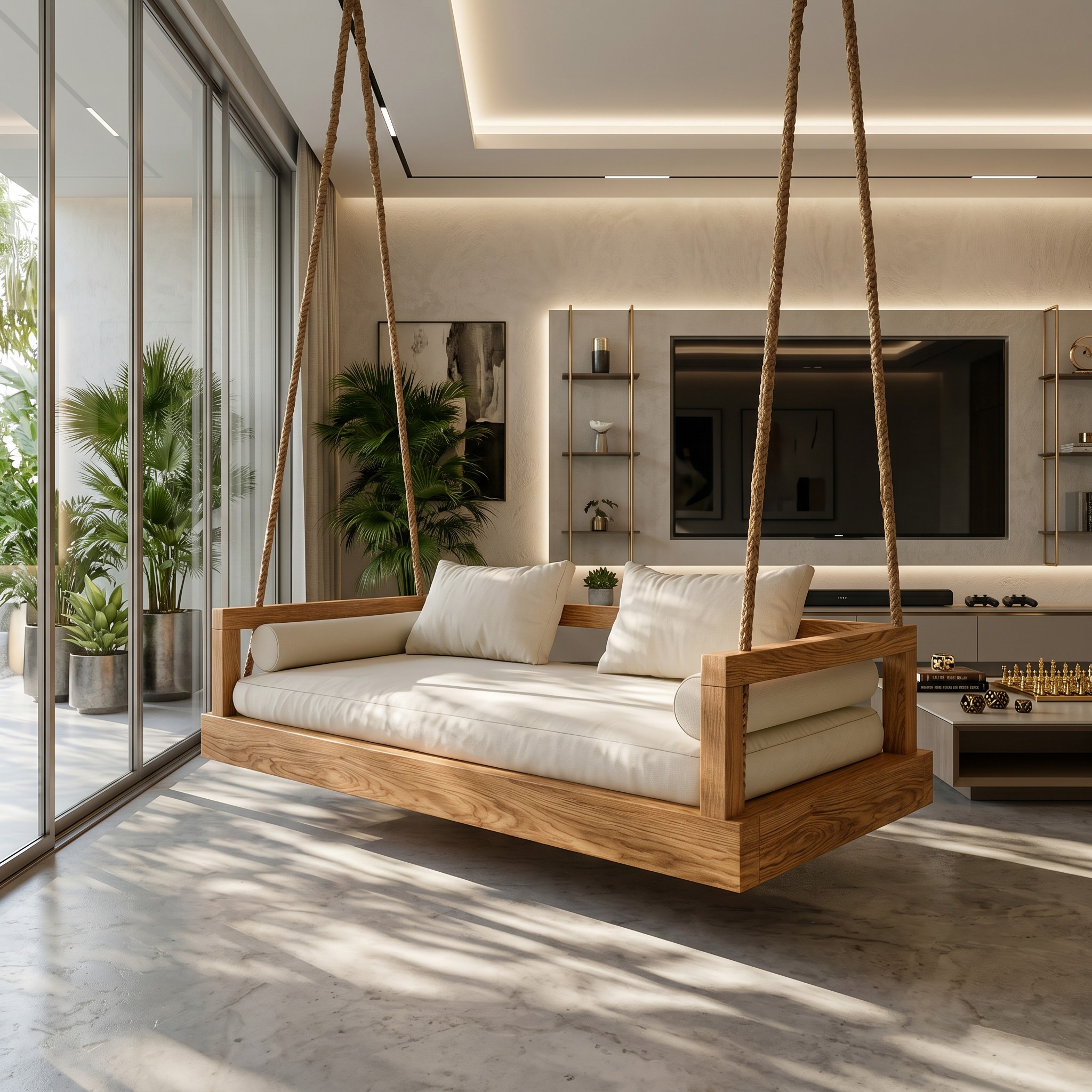 Modern Luxury Wooden Hanging Sofa Swing Contemporary Residence SILDTTRSWI003