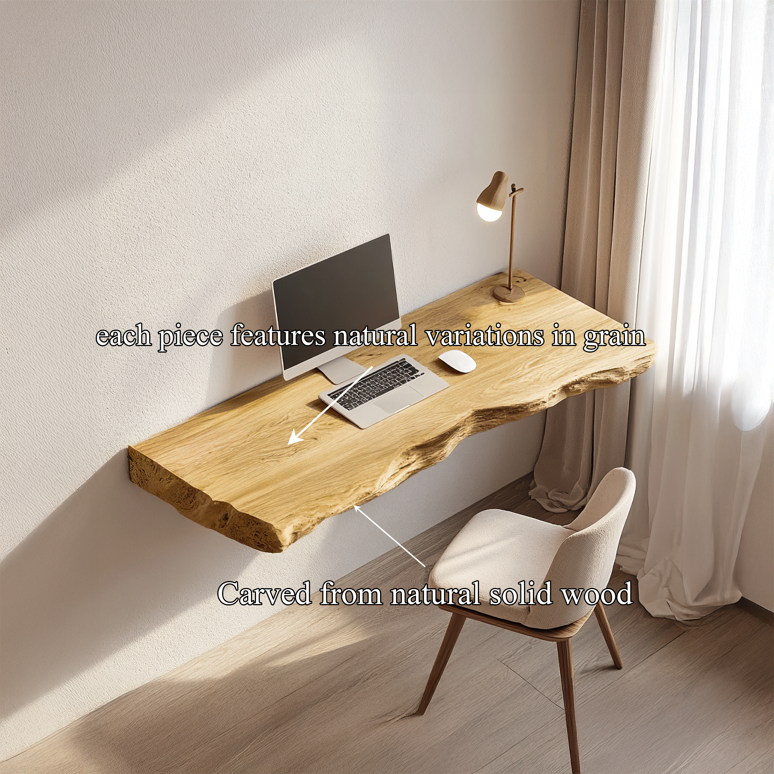 Rustic Sculptural Wall Mounted Console Desk Solid Wood Home Office Interior Modern Workspace SINLSAFL430