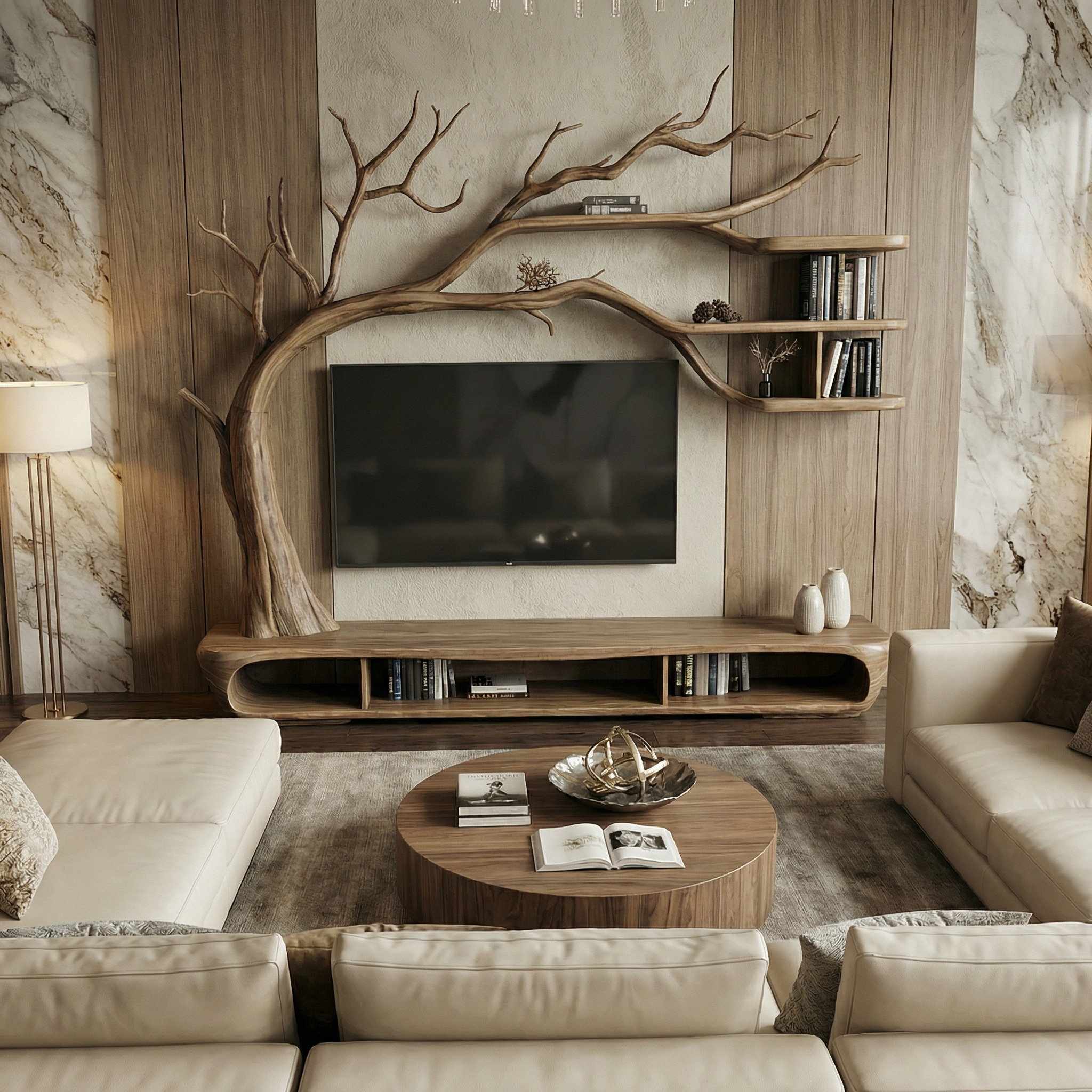 Rustic Sculptural Tree TV Unit For Living Room And Media Area SINLSATB700