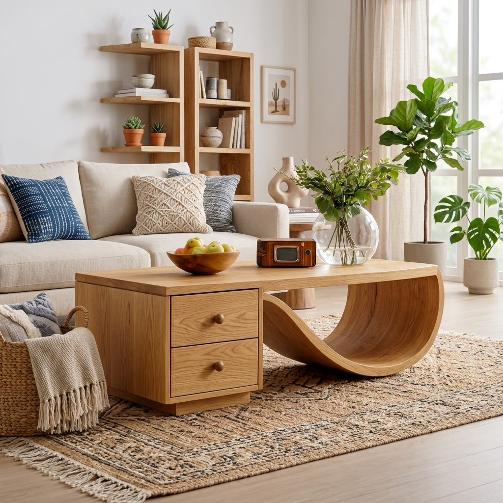 Wood Coffee Table With Unique Curved Base And Drawer For Home RTTHTTCF053