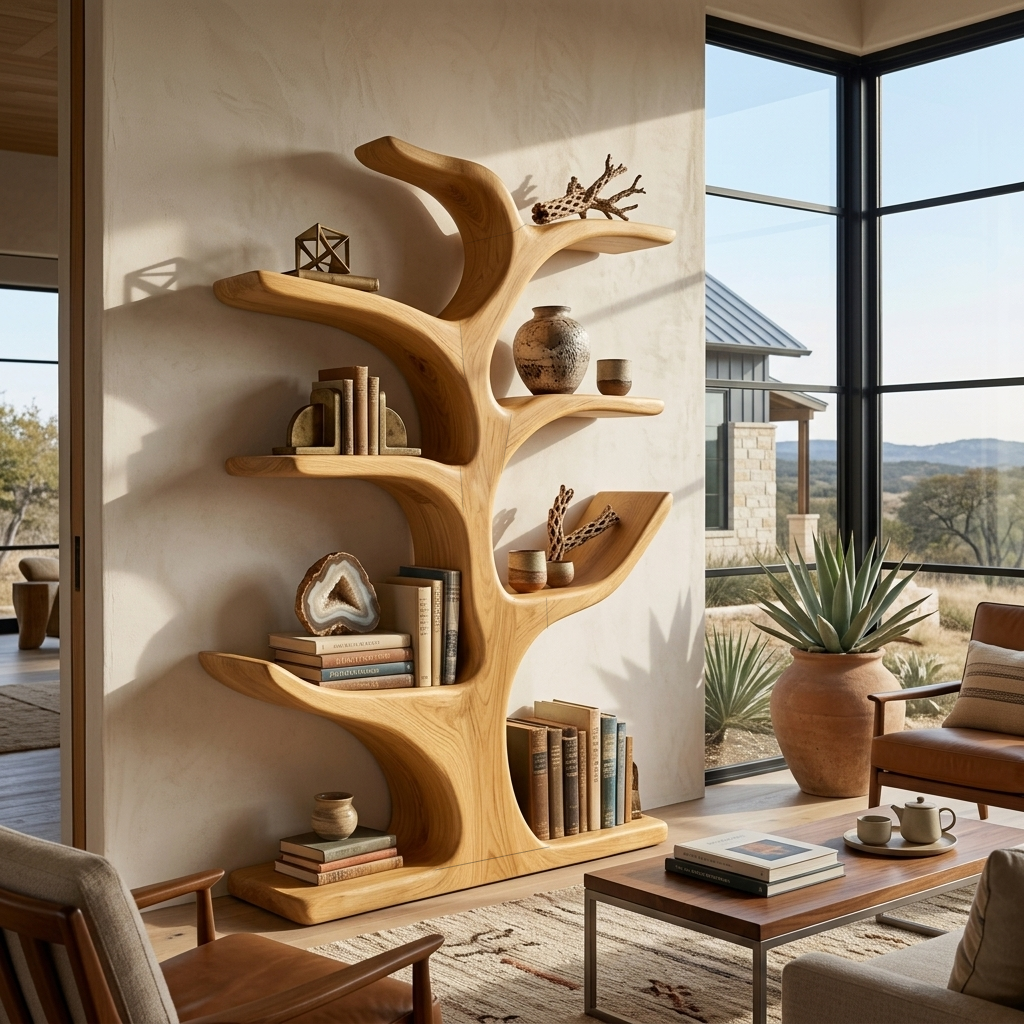 Handmade Wood Bookshelf Sculptural Curved Design For Living Room RTTHTTBS110