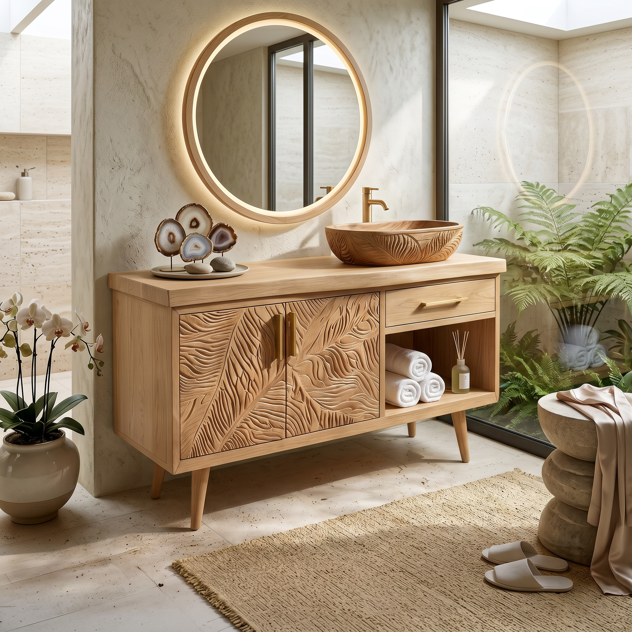 Luxury Wooden Vanity Cabinet With Leaf Carving Spa Bathroom SILDTTRBRV144