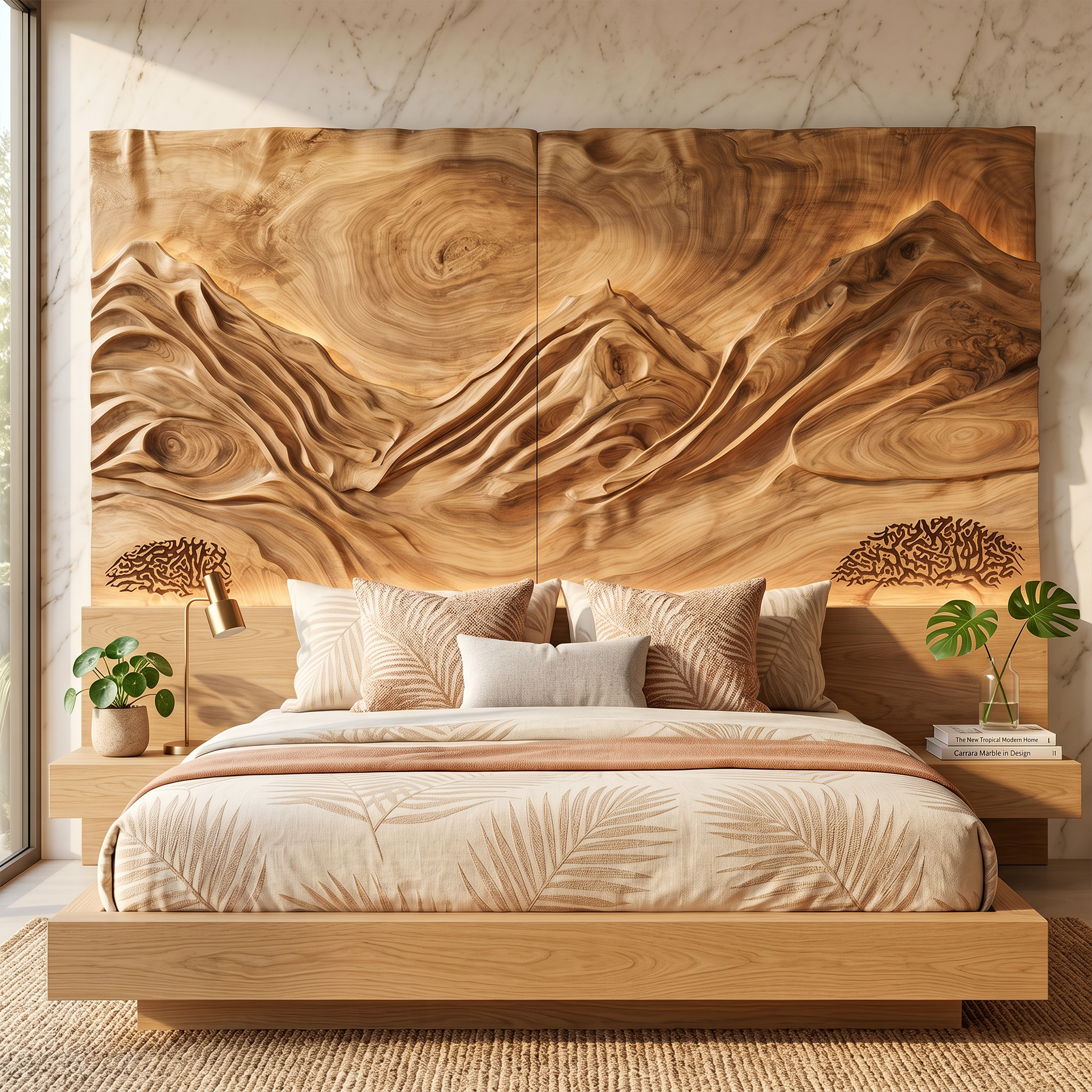 Modern Mountain Relief Wood Headboard For Marble Accent Bedroom SILDTTRHB015