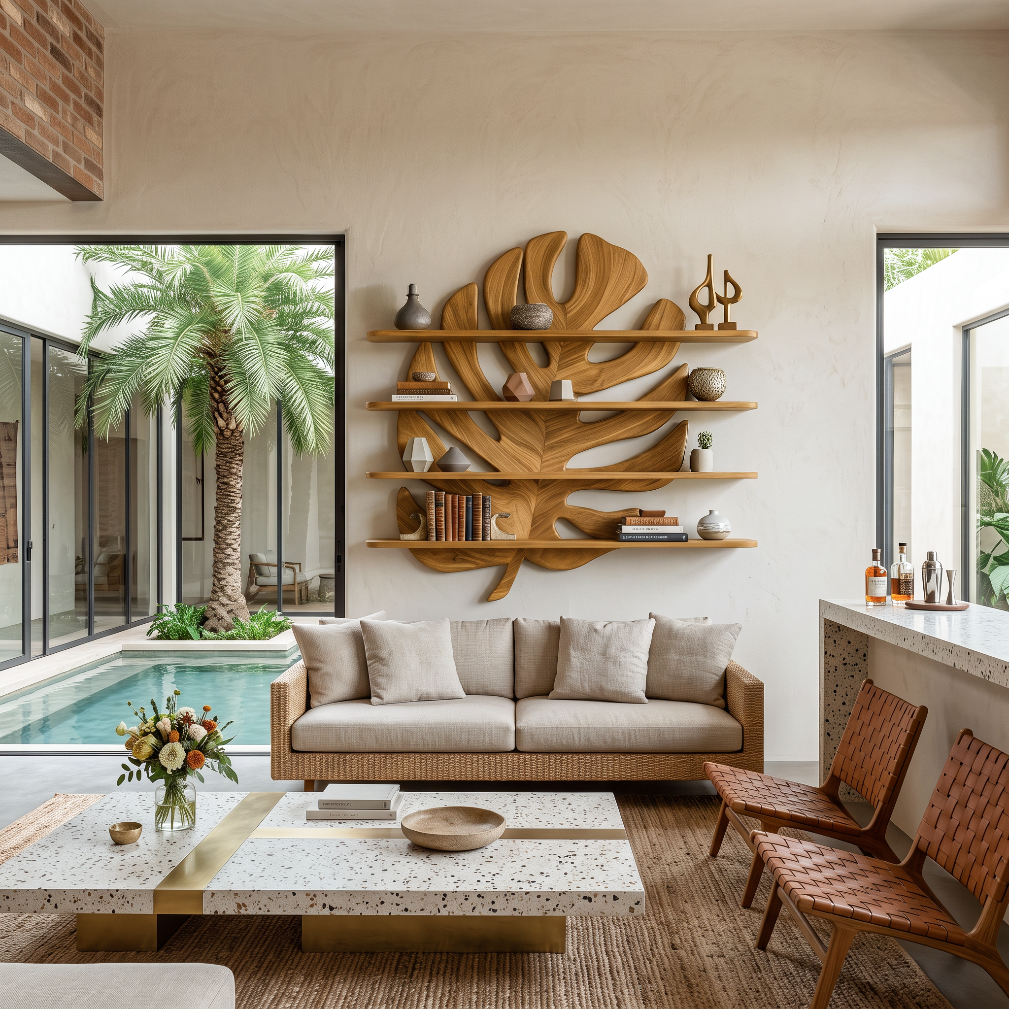 Modern Wooden Tropical Monstera Leaf Floating Bookshelf For Office RTTHTTBS088