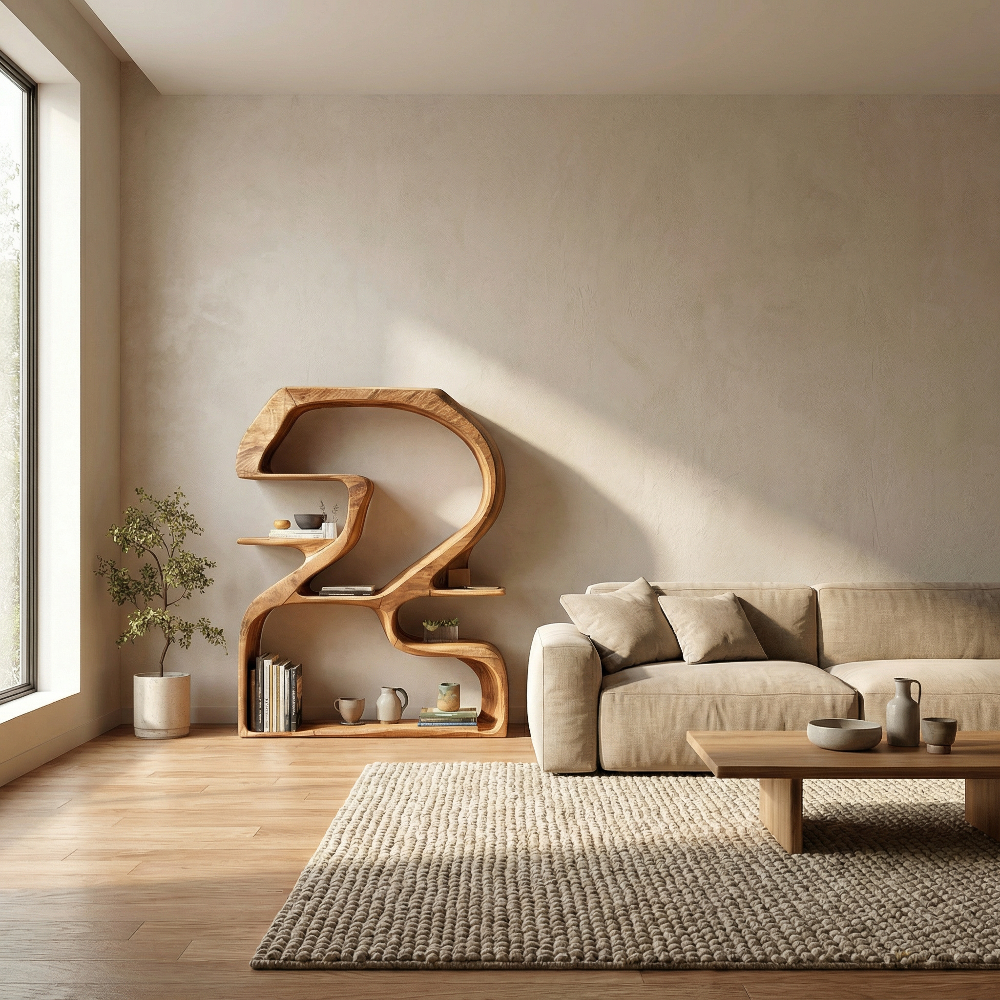 Rustic Sculptural Bookshelf For Living Room And Entryway SINLSASC469