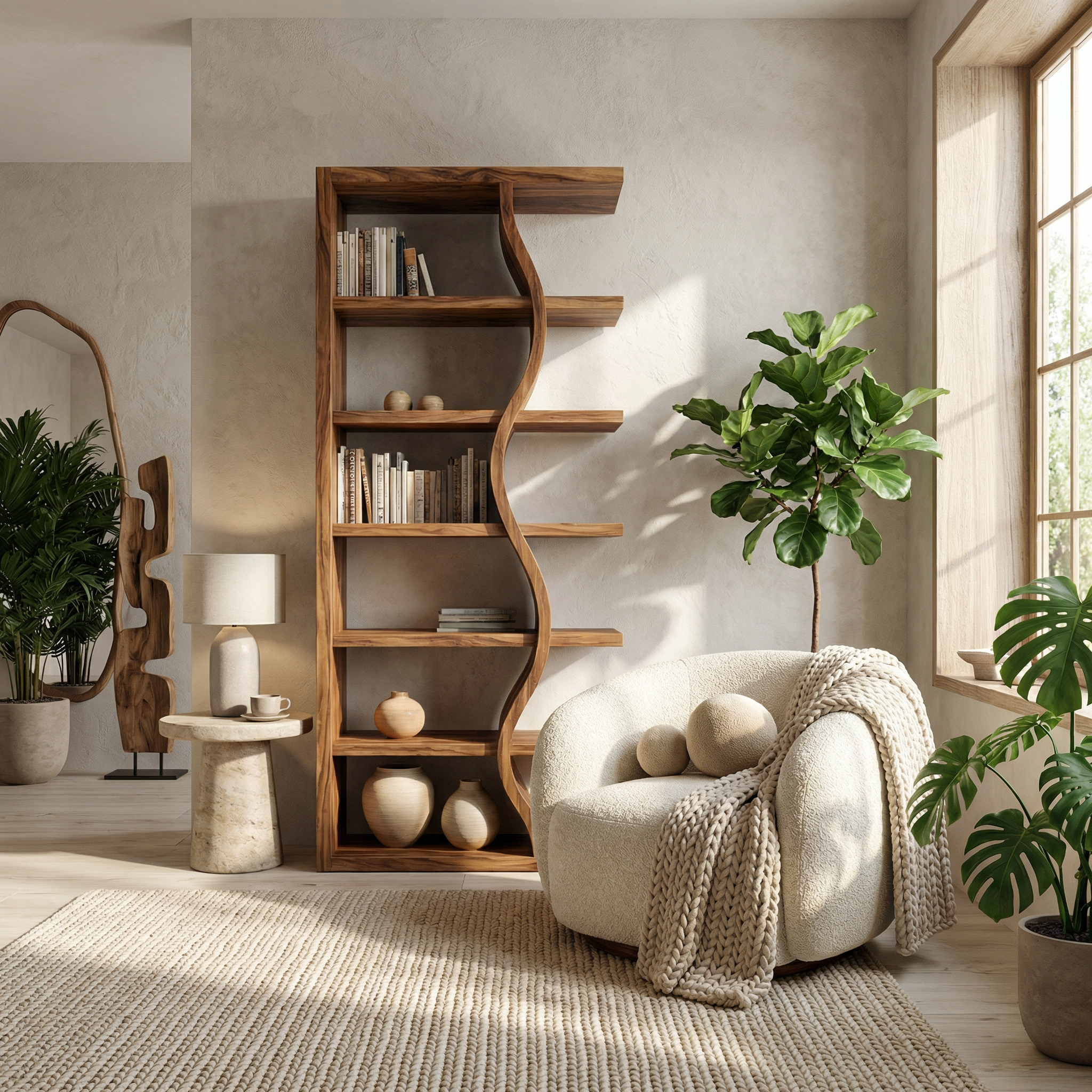 Rustic Wave Bookshelf For Living Room And Studio SINLSASC480