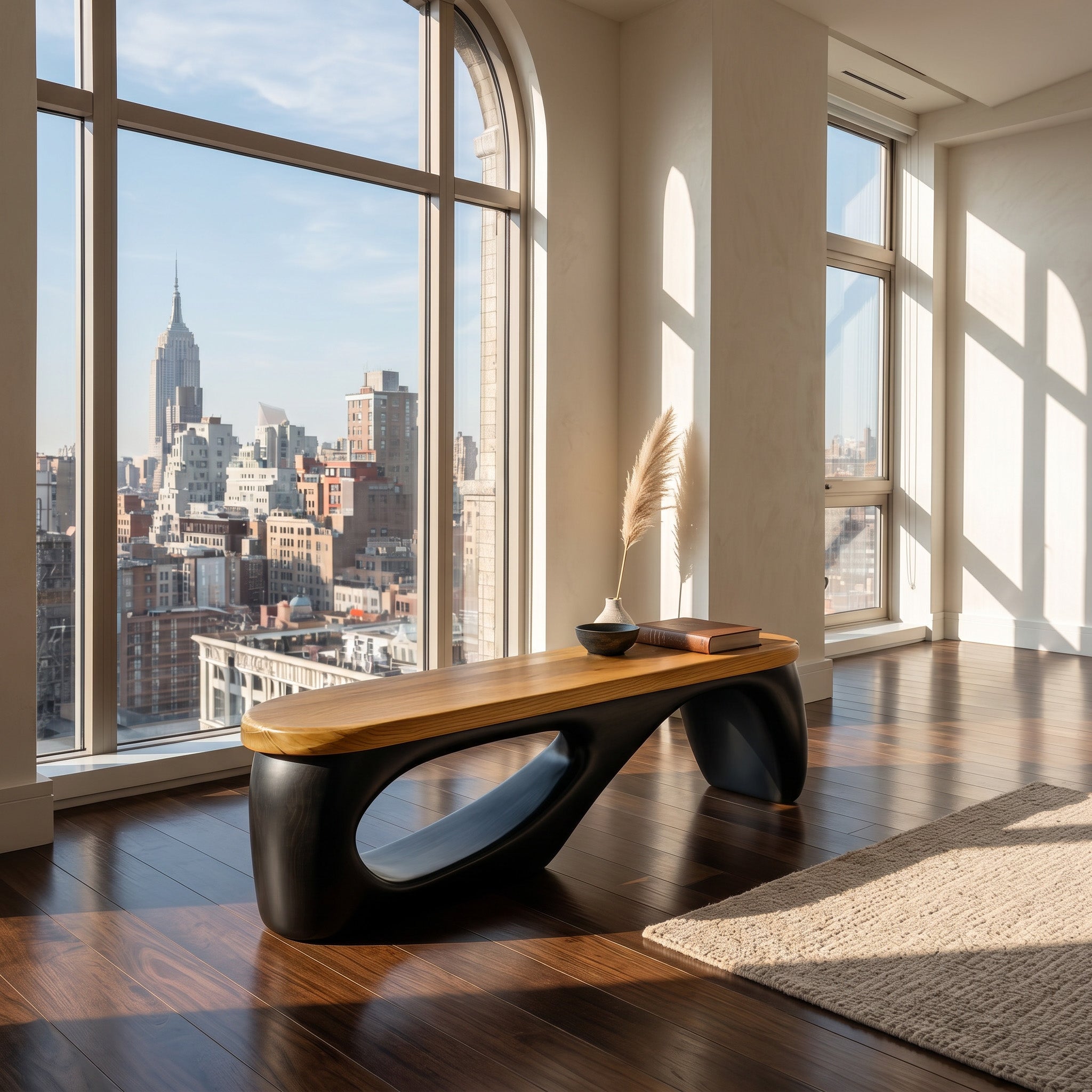 Organic Wooden Bench With Curved Black Base For Home RTTHHNCHR157
