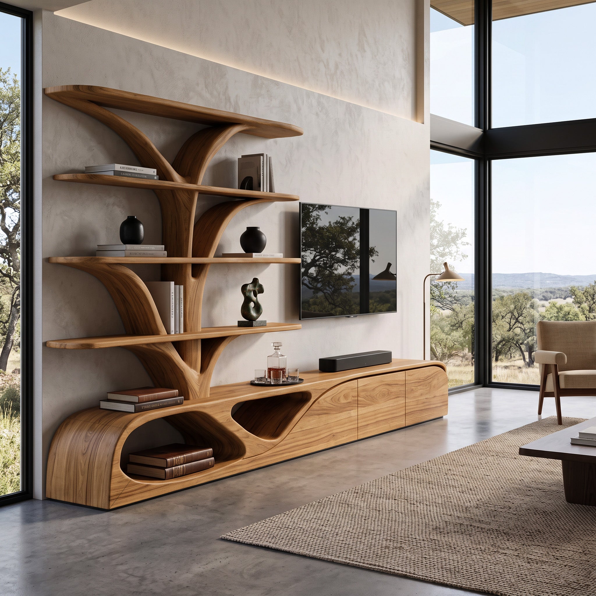 Organic TV Shelf With Tree Shape Bookshelf For Living Room SITHHNTVC043