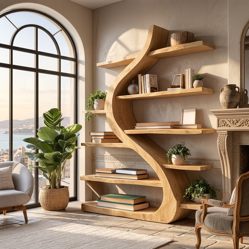 Organic Wooden Bookshelf Soft Curved Design For Home Decor RTTHTTBS124