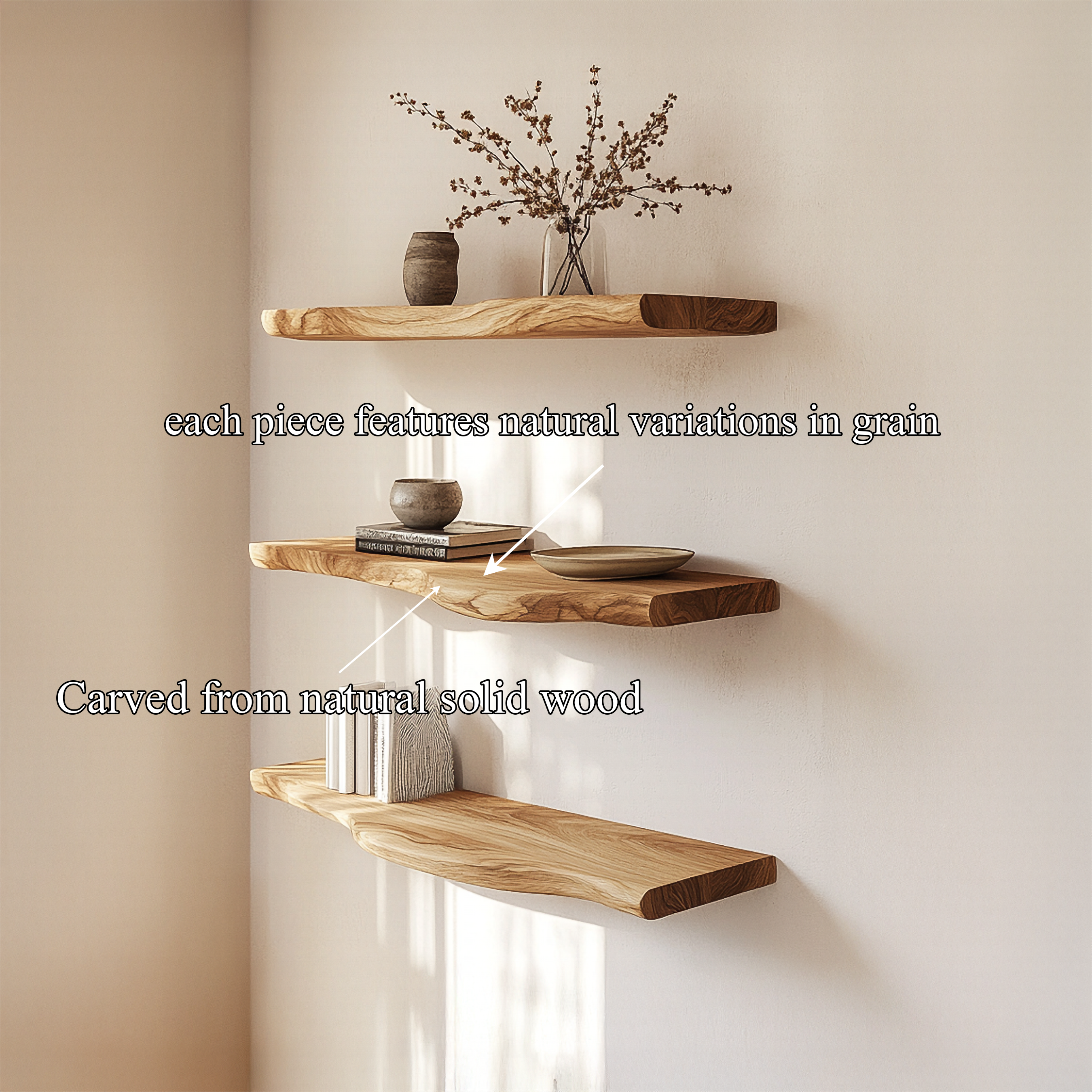 Rustic Sculptural Floating Shelf Solid Wood Living Room Interior Statement Design SINLSAFL422