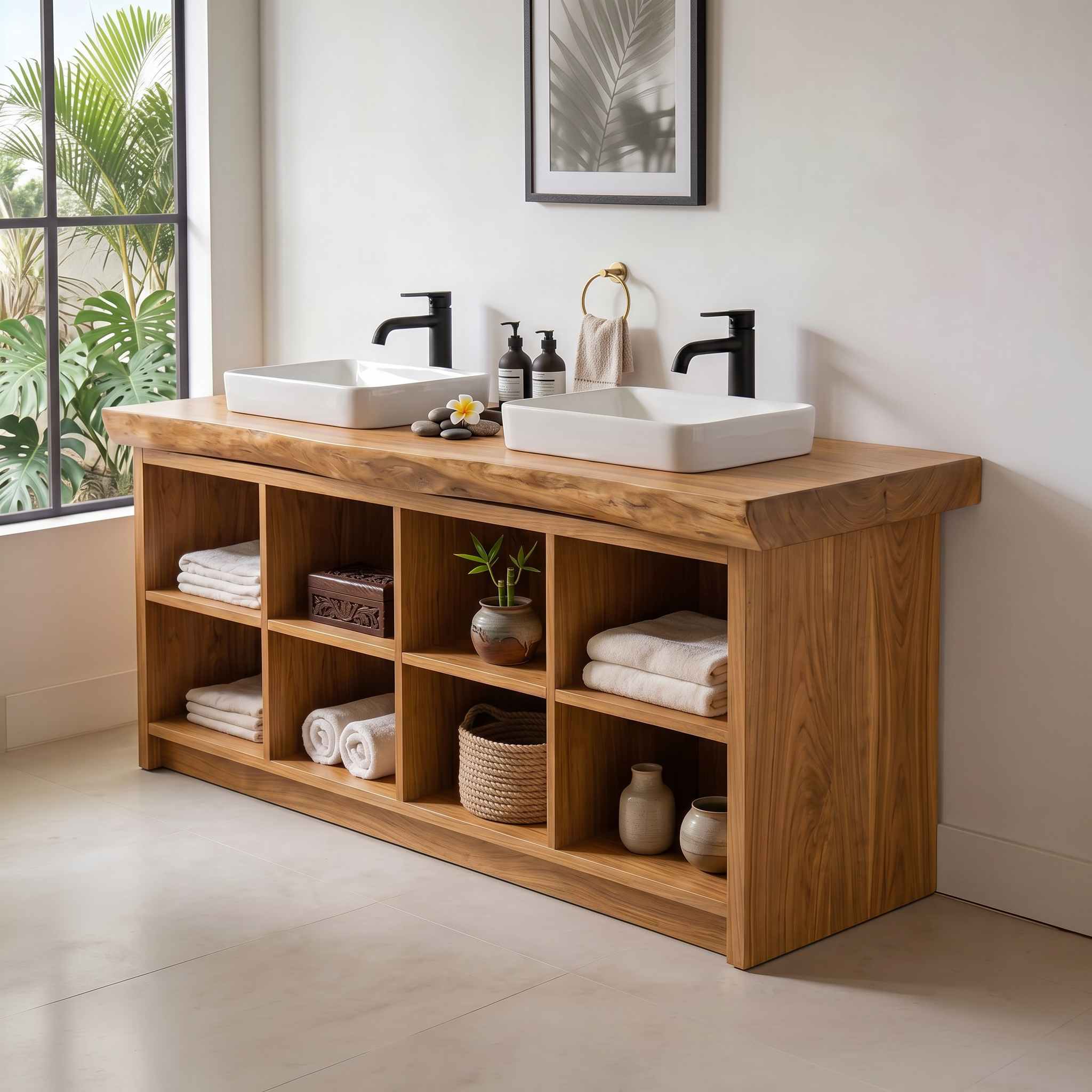 Double Sink Wood Bathroom Vanity With Open Shelves Spa SILDTTRBRV146