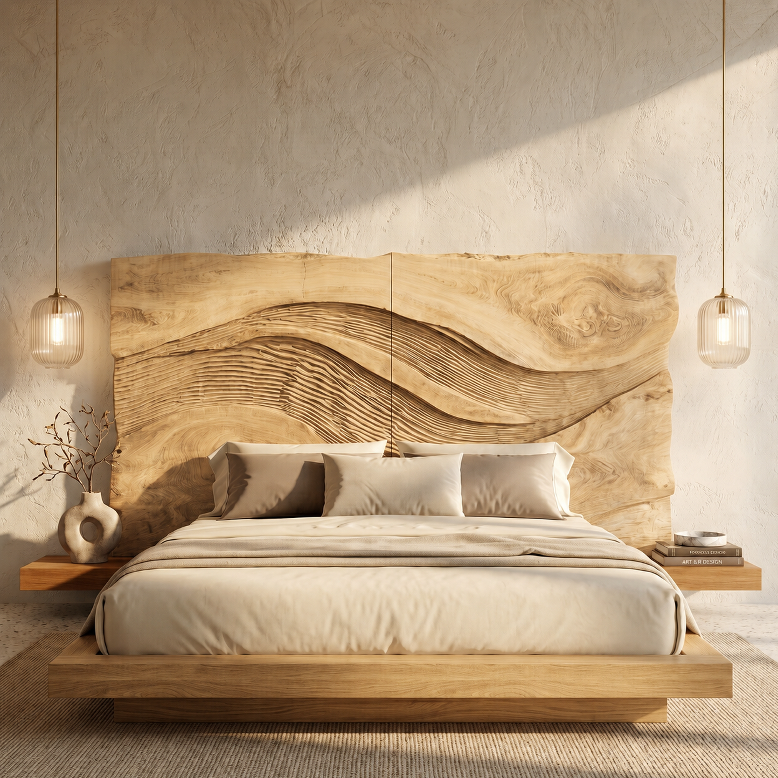Contemporary Wave Carved Wood Headboard For Warm Minimalist Bedroom SILDTTRHB017