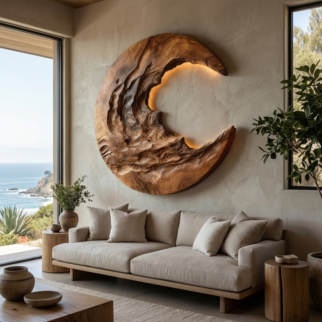 Organic Modern Crescent Wood Wall Art With Light For Living Room RTTHHNWA170