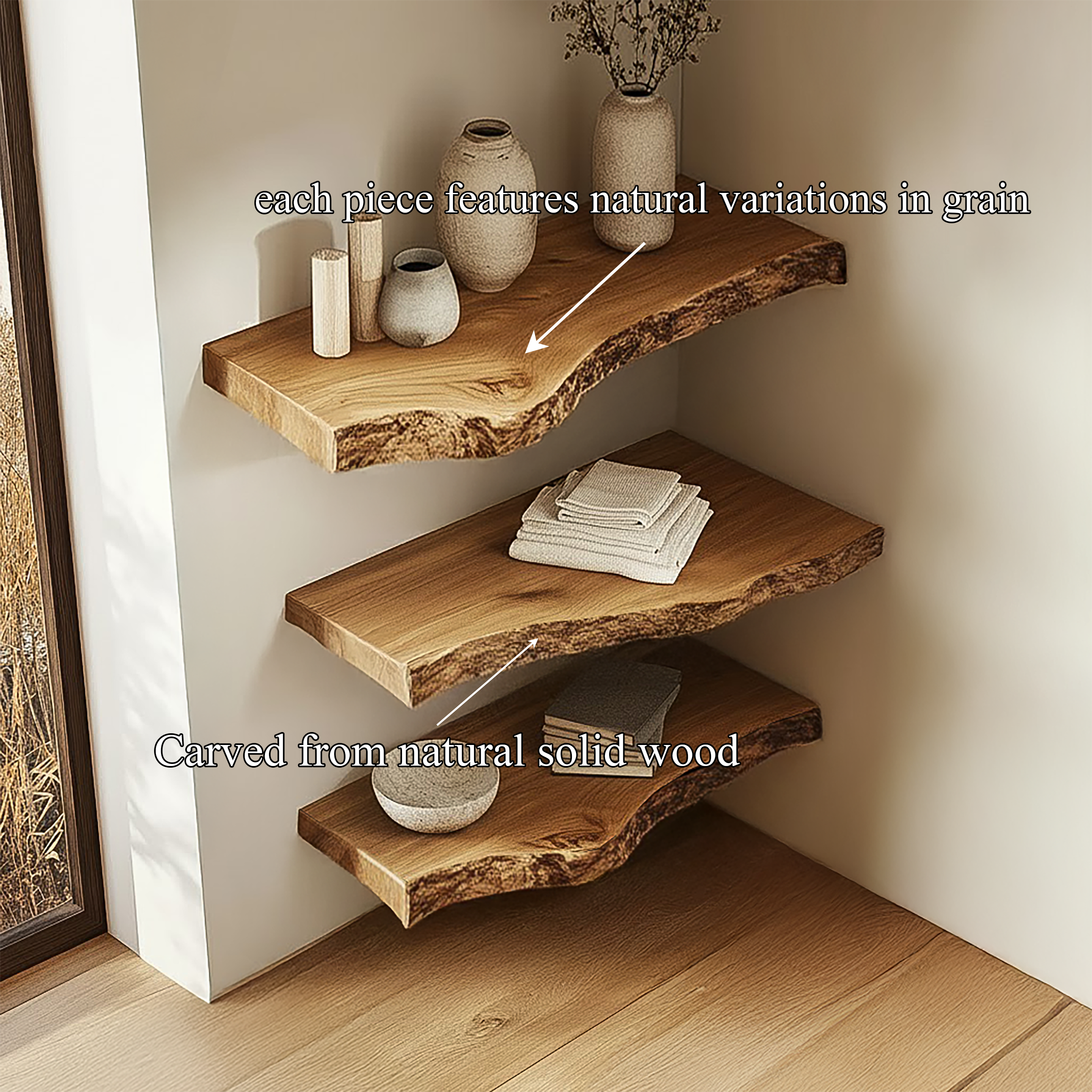 Rustic Sculptural Corner Floating Shelves Solid Wood Living Room Interior Statement Design SINLSAFL418