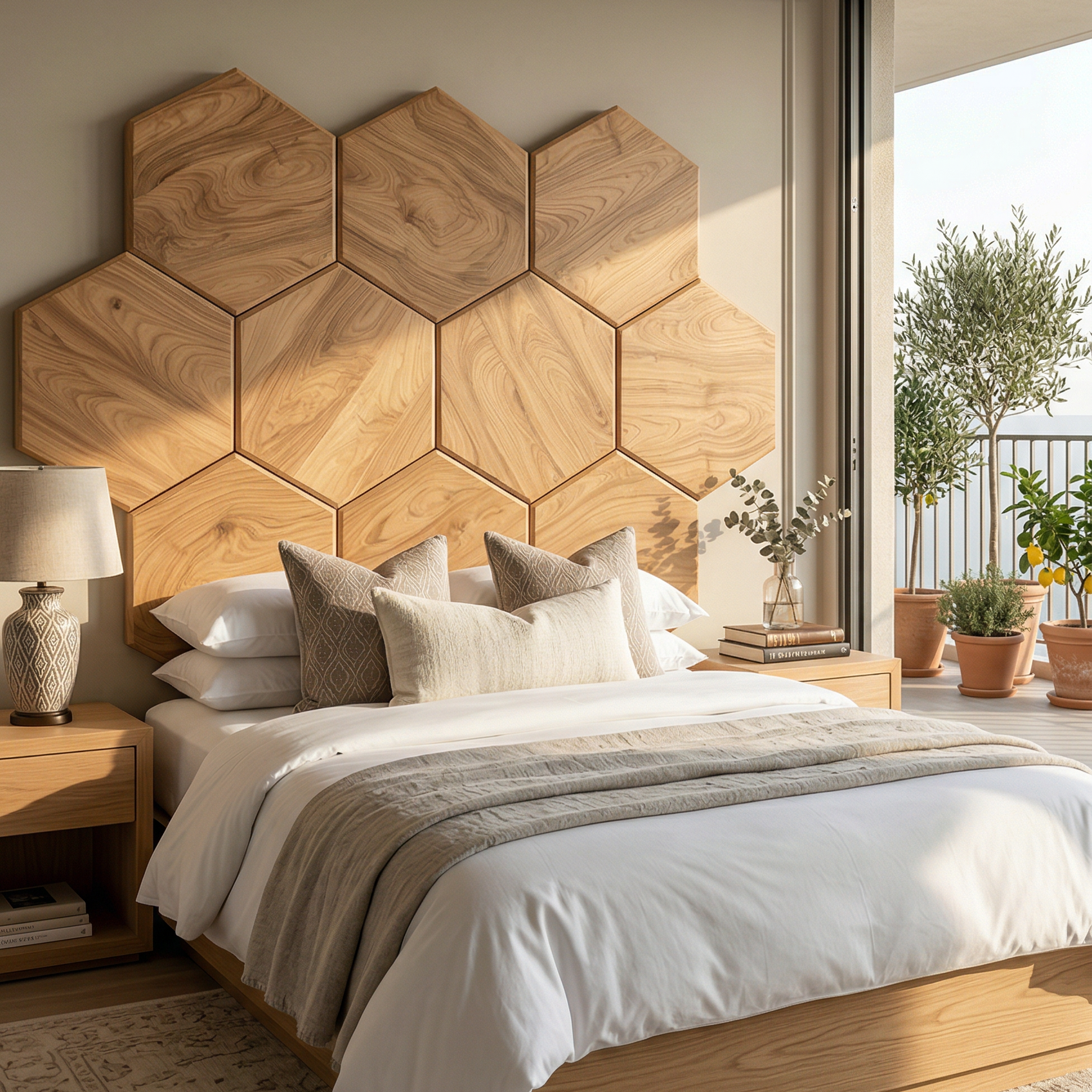 Geometric Hexagon Wood Headboard For Contemporary Bedroom Interior SILDTTRHB003