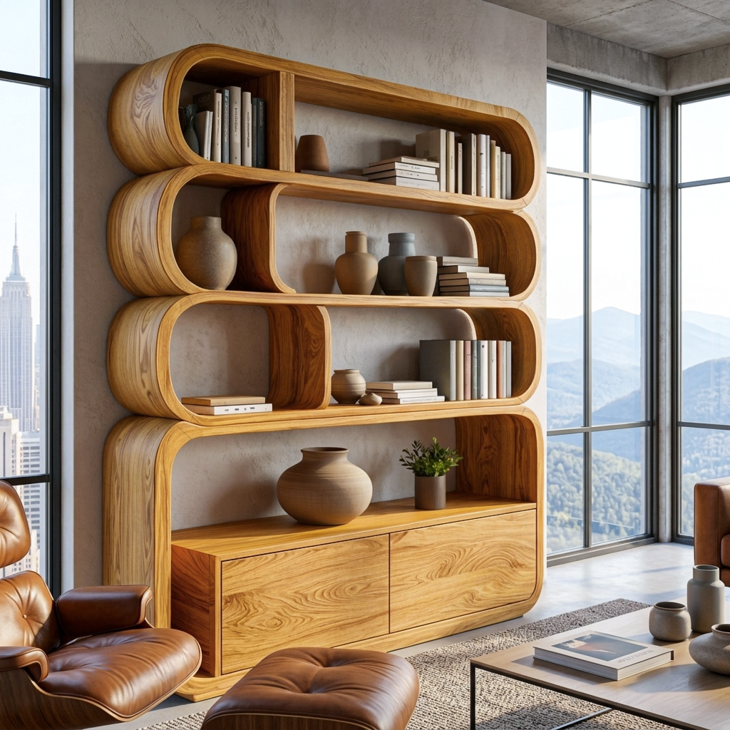 Modern Natural Wood Bookshelf With Curved Structure For Living Room RTTHTTBS117