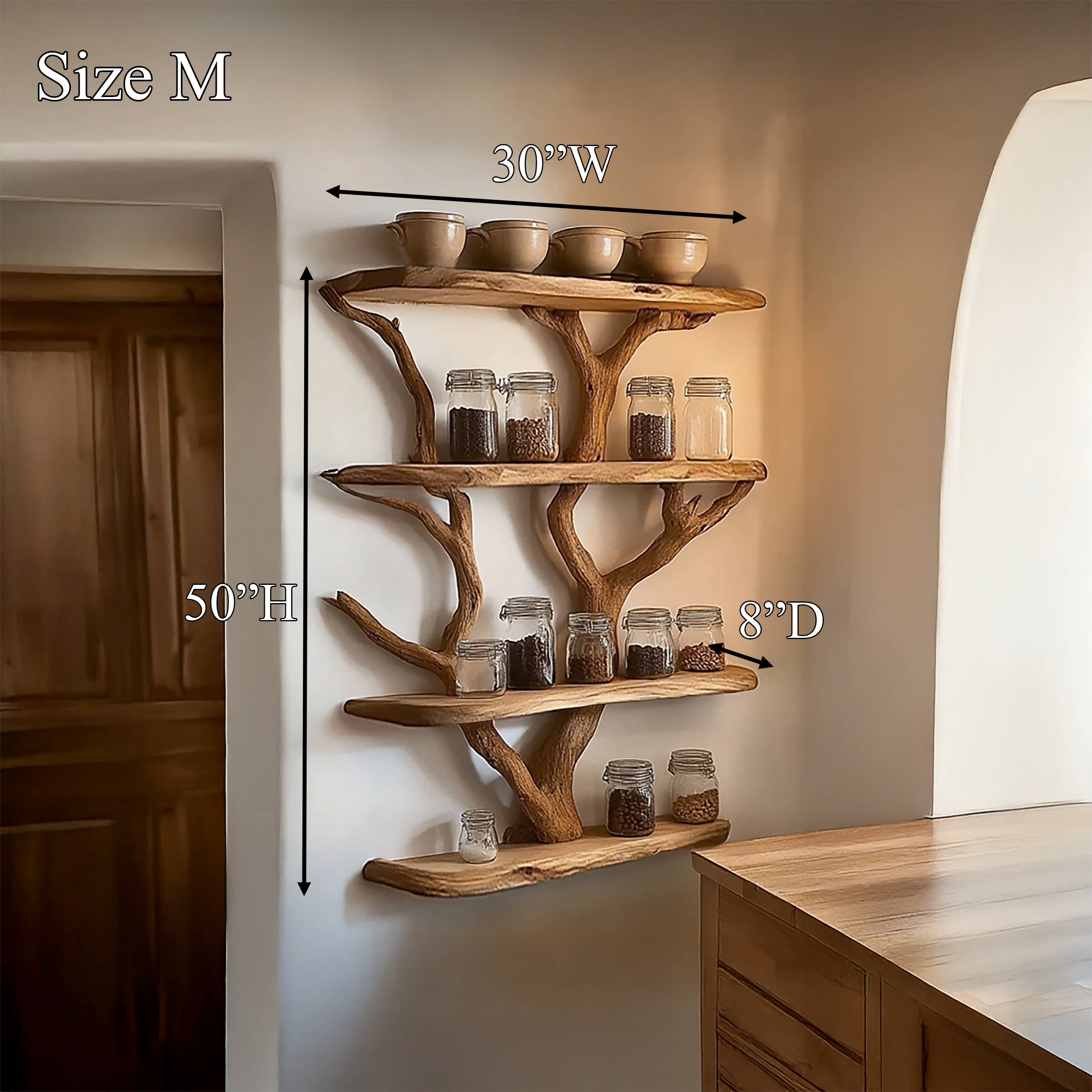 Rustic Organic Tree Kitchen Wall Shelf Kitchen Interior Pantry Display SINLSATBS118