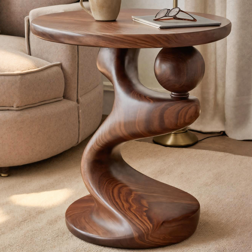 Modern Sculpted Wood Side Table With Artistic Curved Base For Living Room Or Bedroom SITHTTSTA010