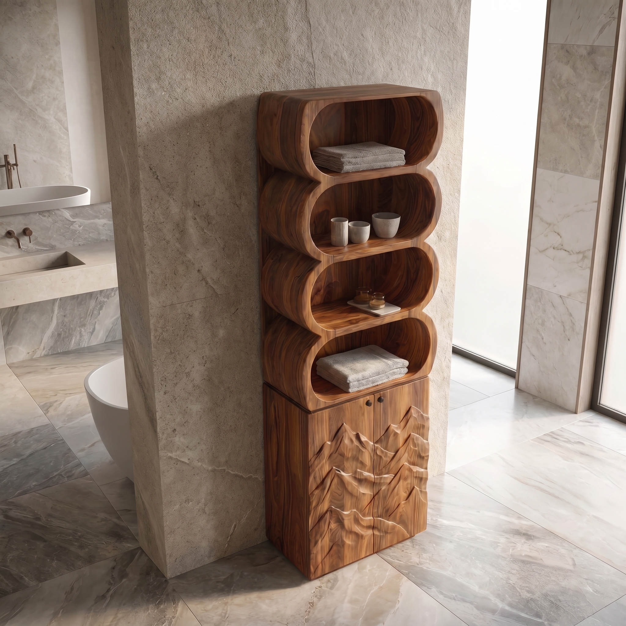 Minimal Bathroom Cabinet With Rounded Shelves And Sculpted Wooden Door SINLSABCT024
