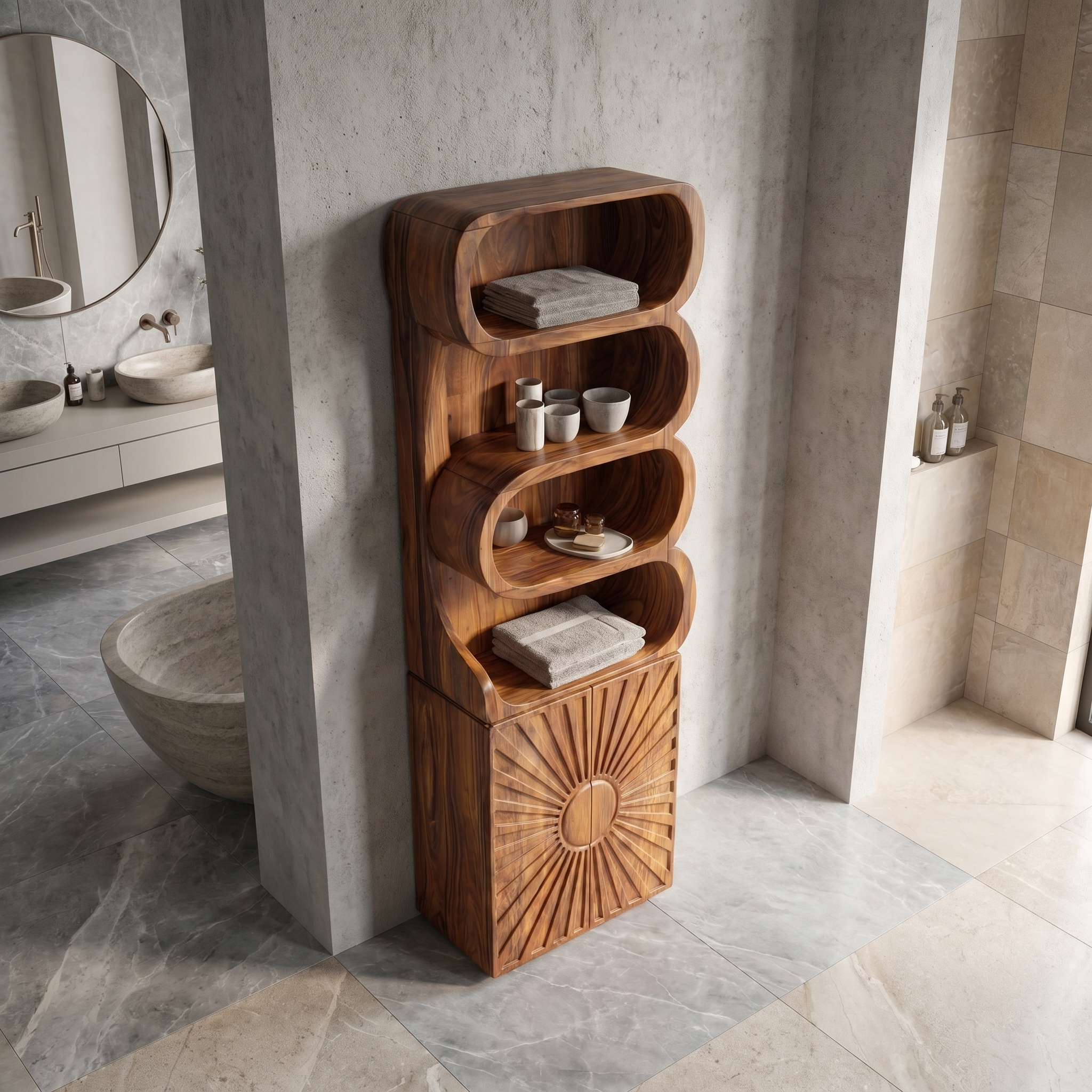 Organic Bathroom Cabinet With Open Shelving And Sculpted Wood Door For Bathroom SINLSABCT025