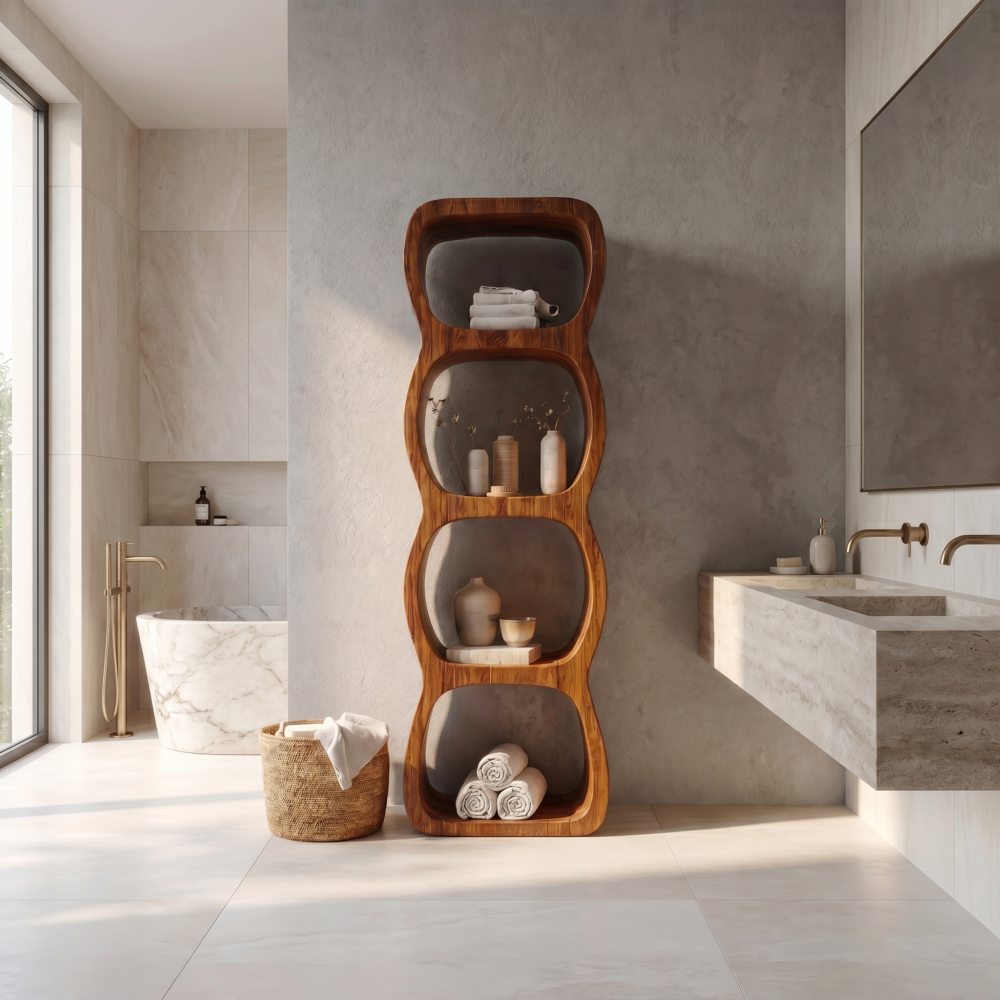 Rustic Bathroom Cabinet With Curved Wave Shape Design SINLSABCT031