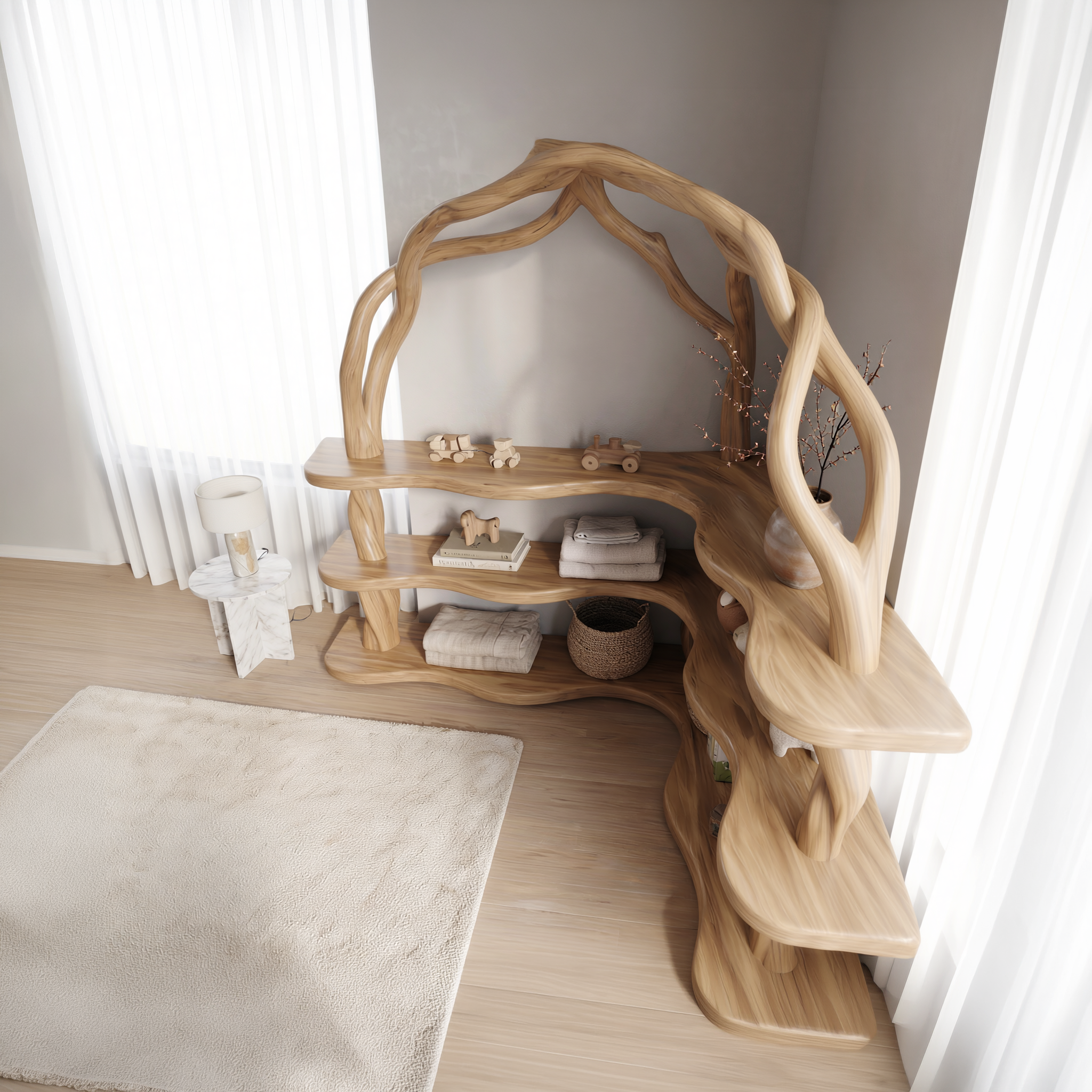Organic Corner Bookcase With Natural Branch Frame Design For Living Room And Bedroom SINLSABS016