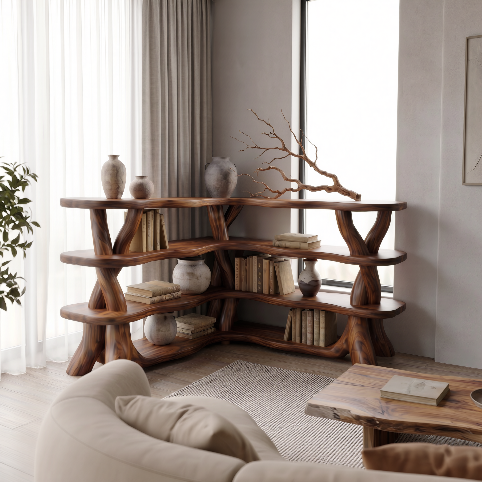 Rustic Organic Corner Bookshelf With Sculptural Tree Branch Shelves For Living Room And Bedroom SINLSABS017
