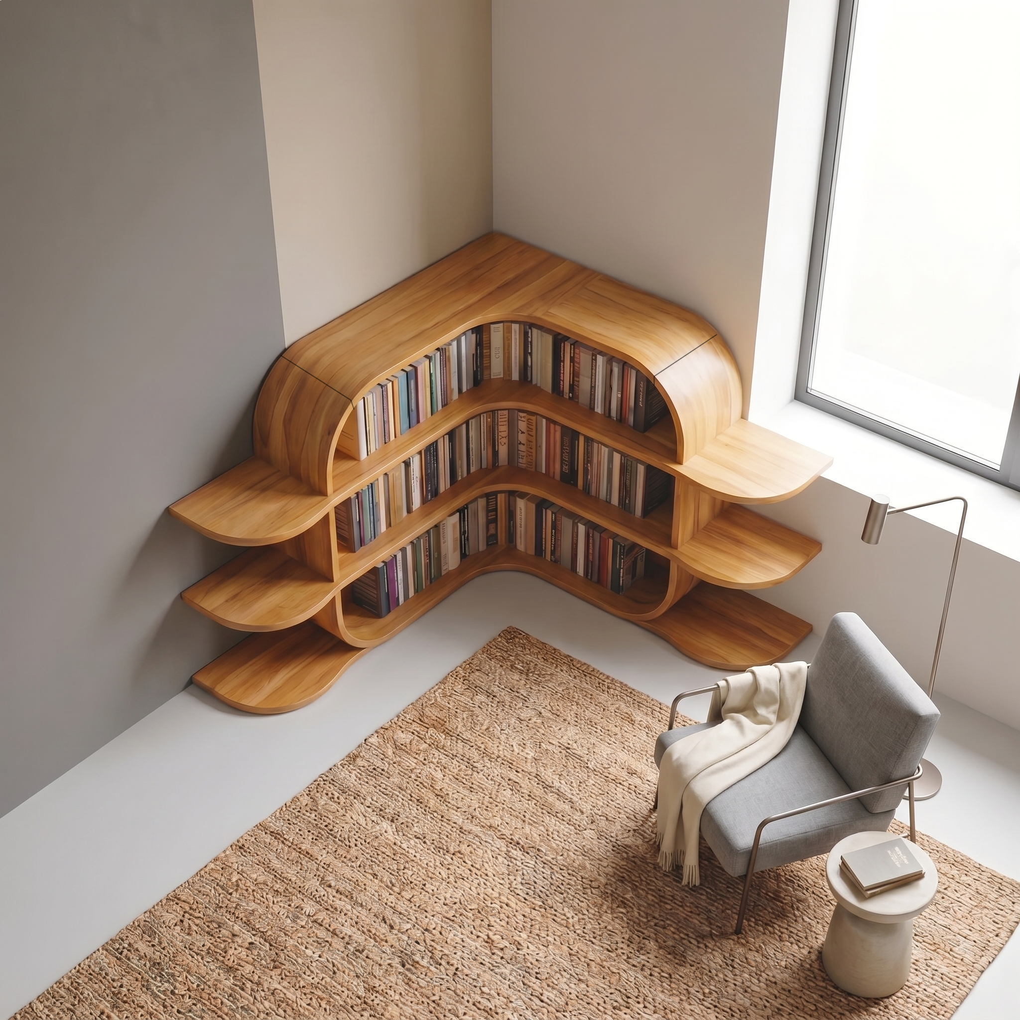 Scandinavian Arched Corner Bookshelf With Multi Tier Open Shelves For Living Room And Bedroom SINLSABS018