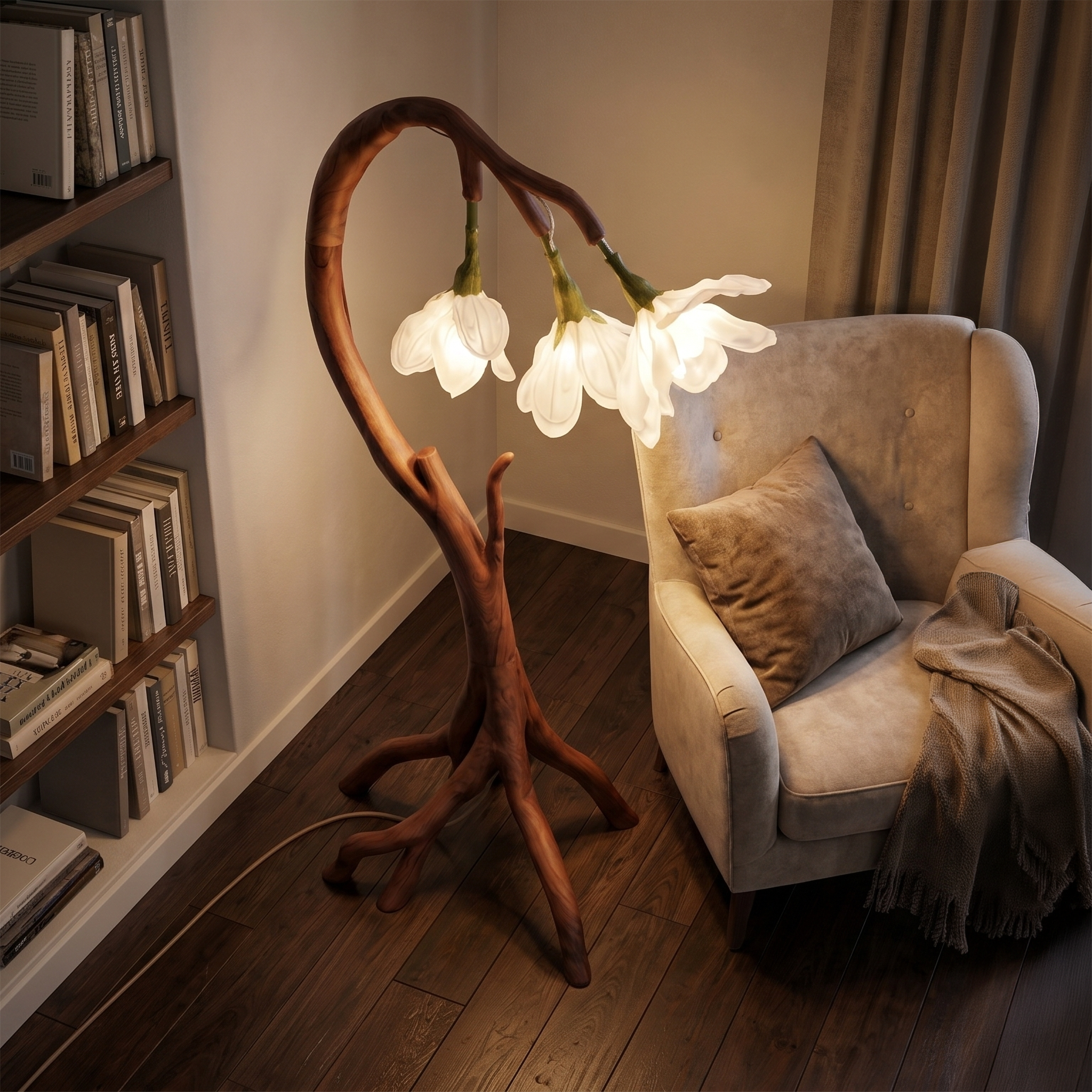 Botanical Flower Floor Lamp With Sculptural Wood Base For Living Room And Bedroom SINLSAFLP070