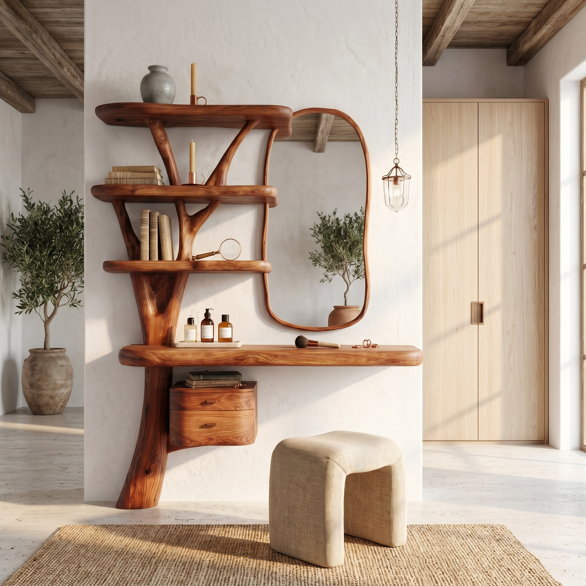 Sculptural Tree Vanity Desk With Curved Wood Shelves For Bedroom SINLSABDT075