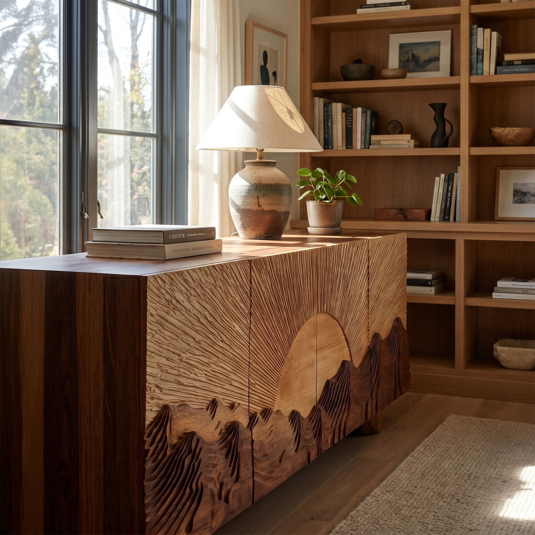 Rustic Mountain Sunrise Sideboard With Carved Wood Doors For Living Room SINLSASC515