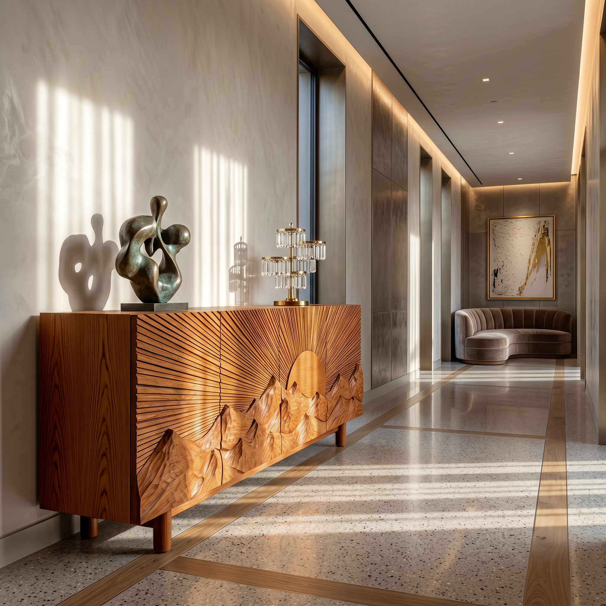 Contemporary Landscape Sideboard With Sculptural Carved Wood Doors For Living Room SINLSASC517