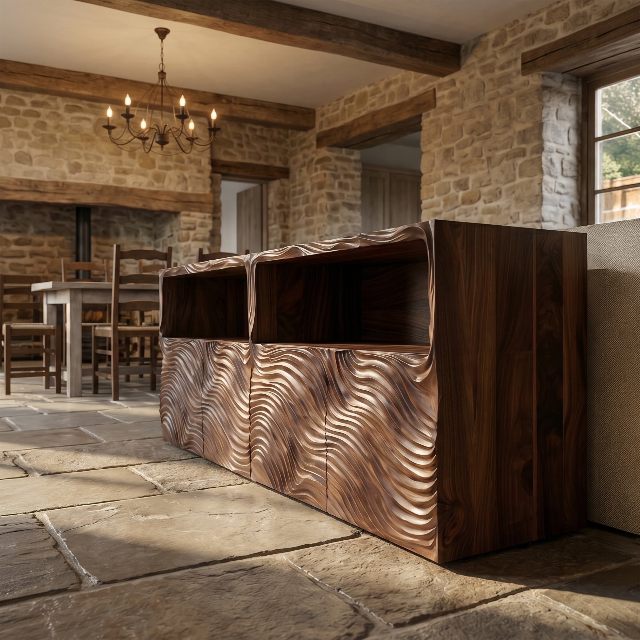 Modern Sideboard With Hand Carved Wave Wood Doors And Open Display Shelves For Living Room SINLSASC532