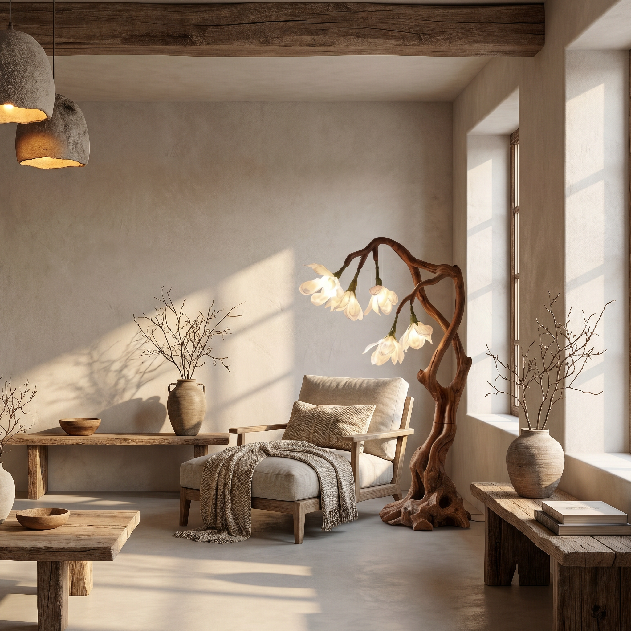 Petal Inspired Floor Lamp With Artistic Wood Base For Living Room And Bedroom SINLSAFLP082