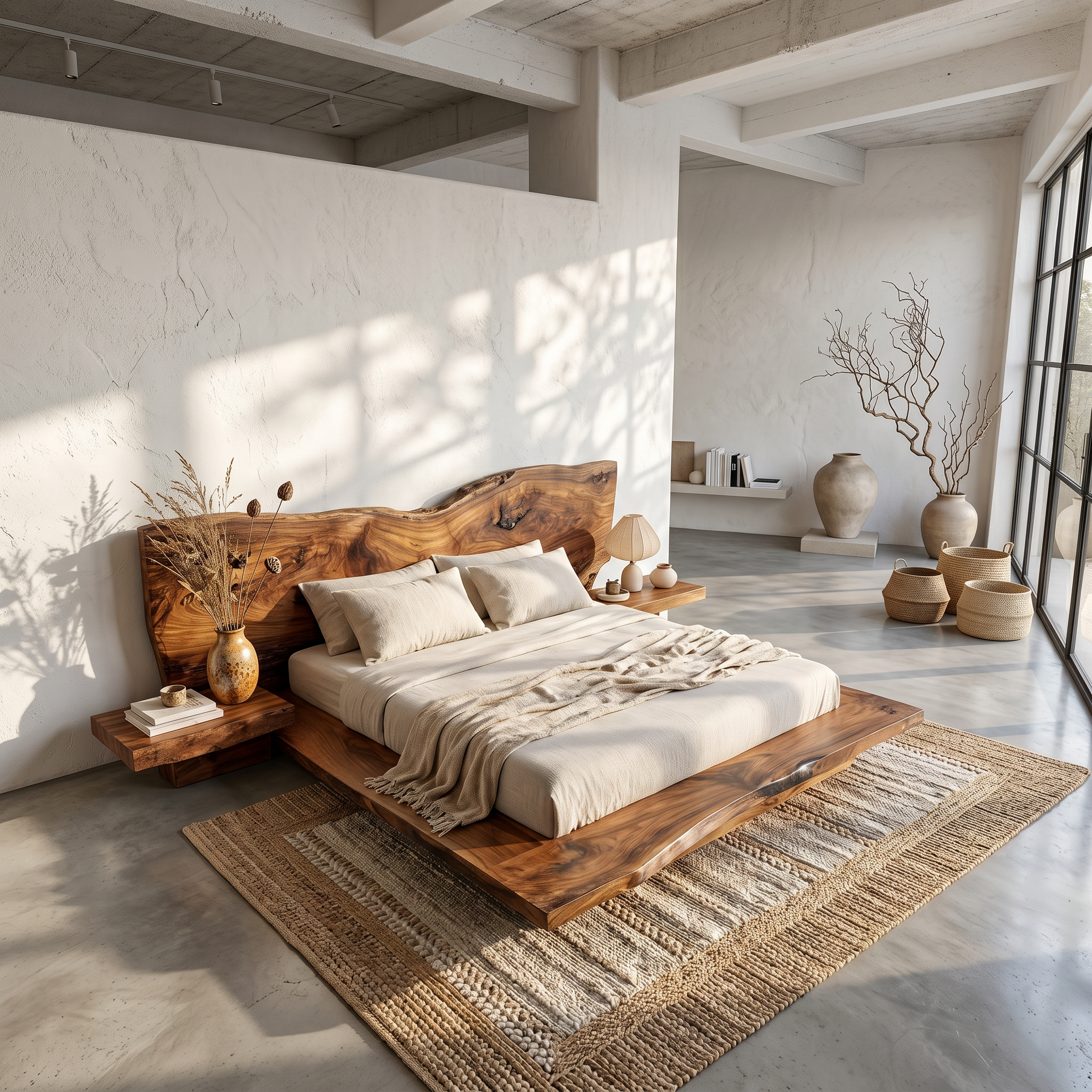 Rustic Live Edge Bed Frame With Sculptural Headboard For Bedroom SINLSAWB124
