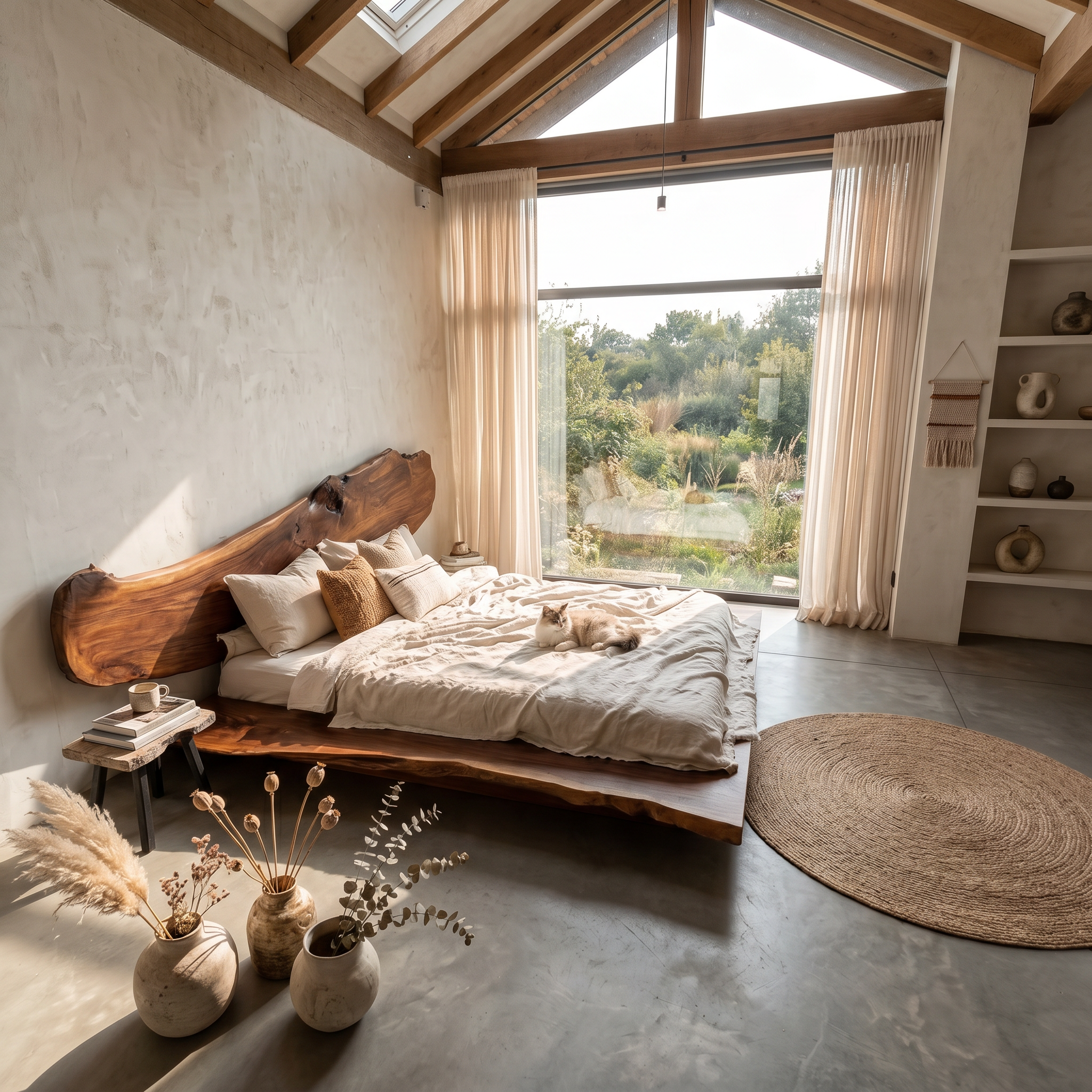 Luxury Organic Bed Frame With Sculptural Solid Wood Headboard And Floating Platform Design For Bedroom SINLSAWB131