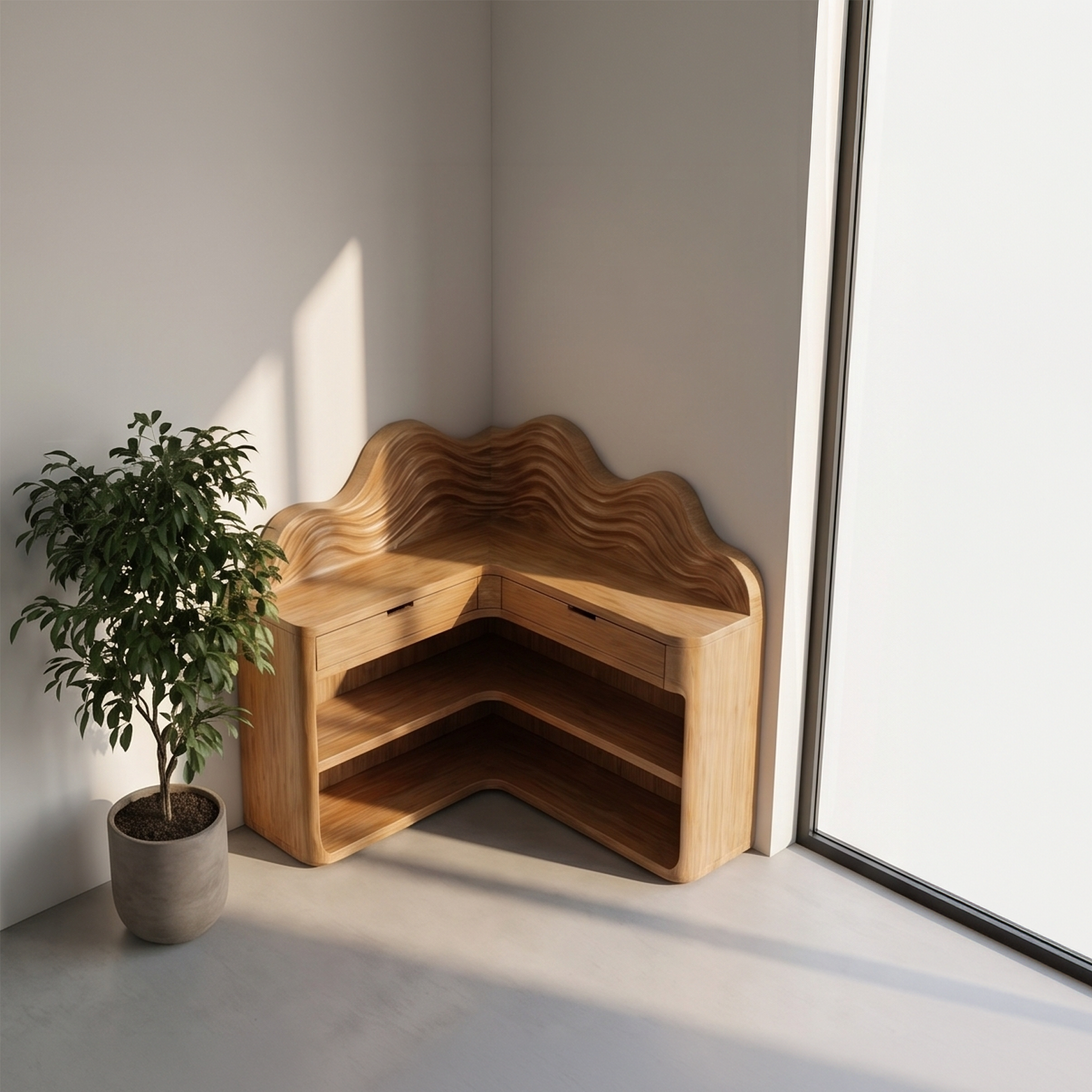 Scandinavian Wave Top Corner Bookshelf With Multi Tier Open Shelves For Living Room And Bedroom SINLSABS023
